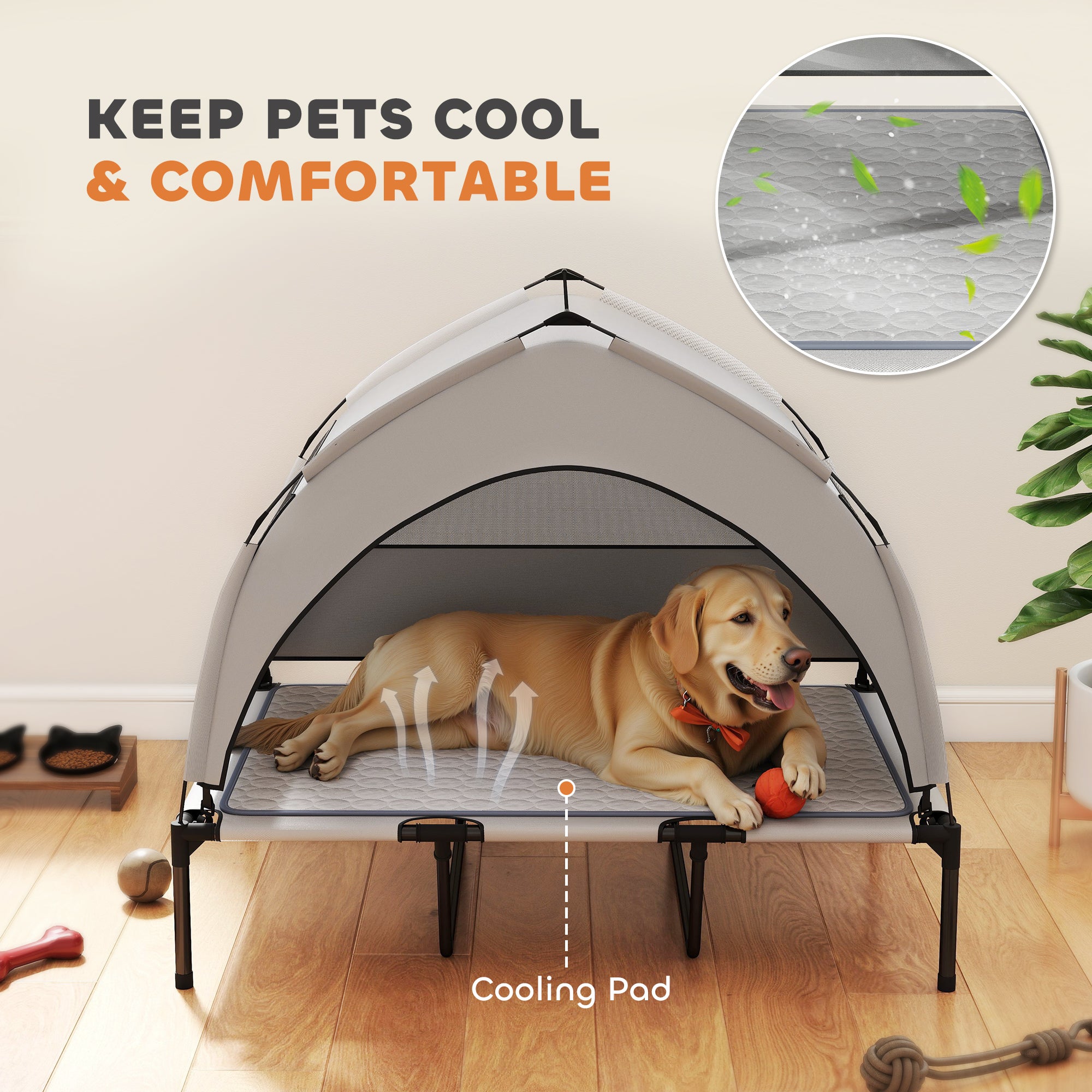 Elevated Dog Bed with Removable Canopy, Portable Outside Raised Pet Cot with Cooling Pad, Storage Bag, 42" x 30" x 37" - Light Gray - Image 4