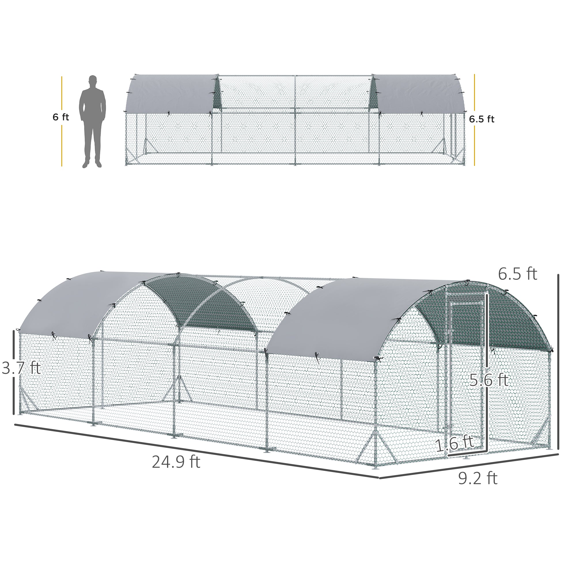 Large Metal Chicken Coop with Waterproof and Anti-UV Cover for Yard, Outdoor, Duck, Rabbit, 9.2' x 24.9' x 6.5' - Silver - Image 3