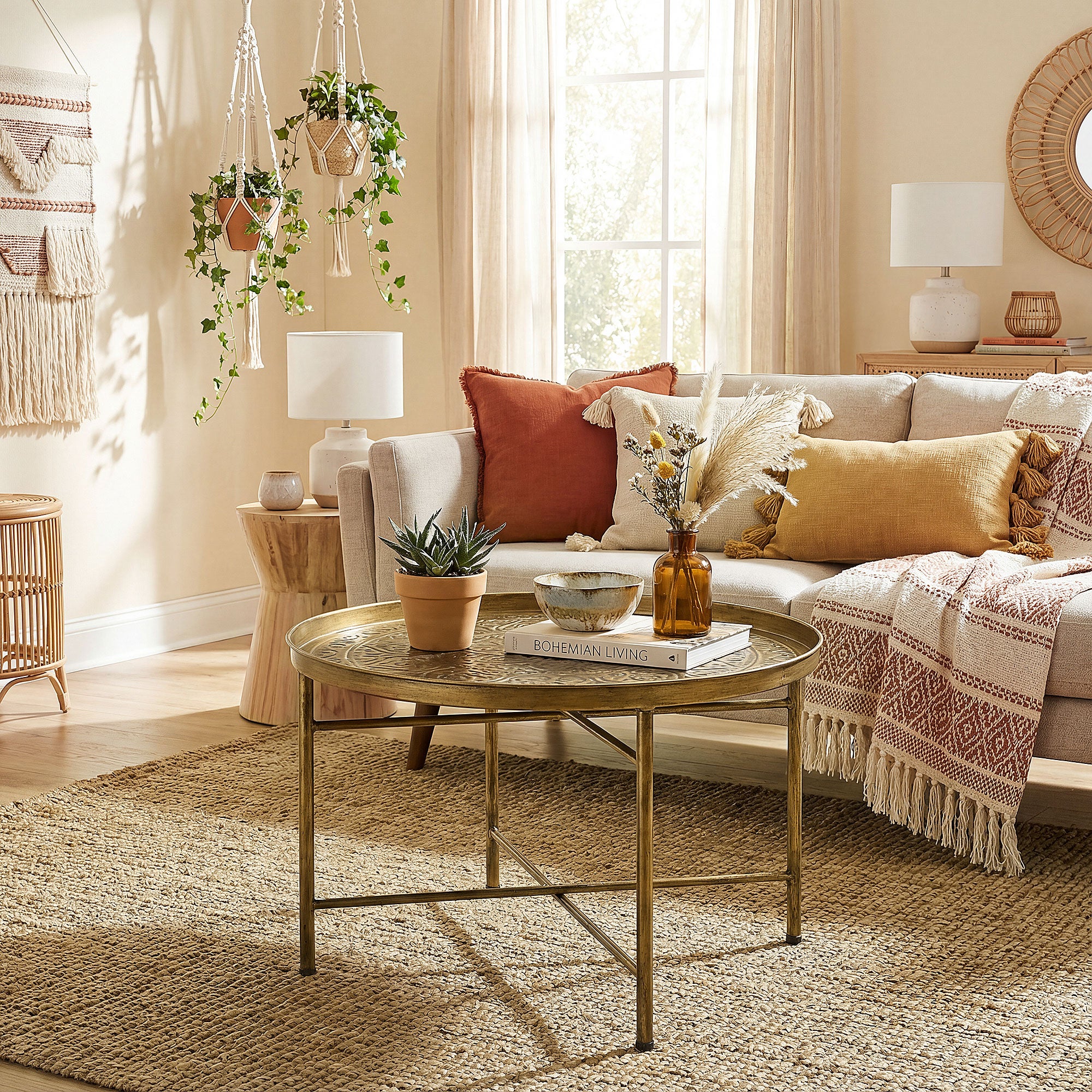 Coffee Table for Living Room, 24" Round Center Table with Hammered Tray Top and Metal Frame for Bedroom, Gold