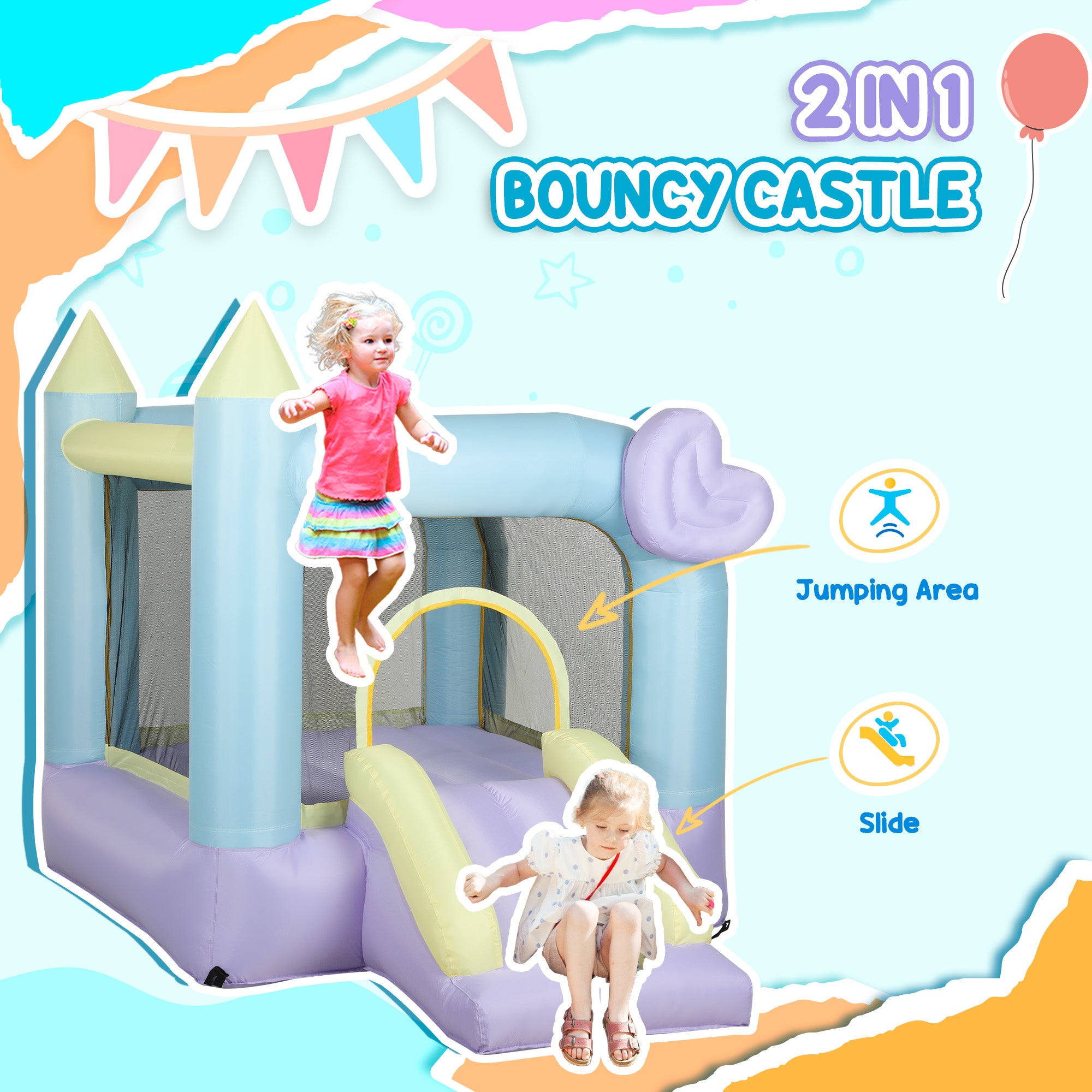 Inflatable Bounce House with Air Blower, Slide, Stakes, Repair Patches, Storage Bag, for Kids Ages 3-8, 98" x 65" x 79"