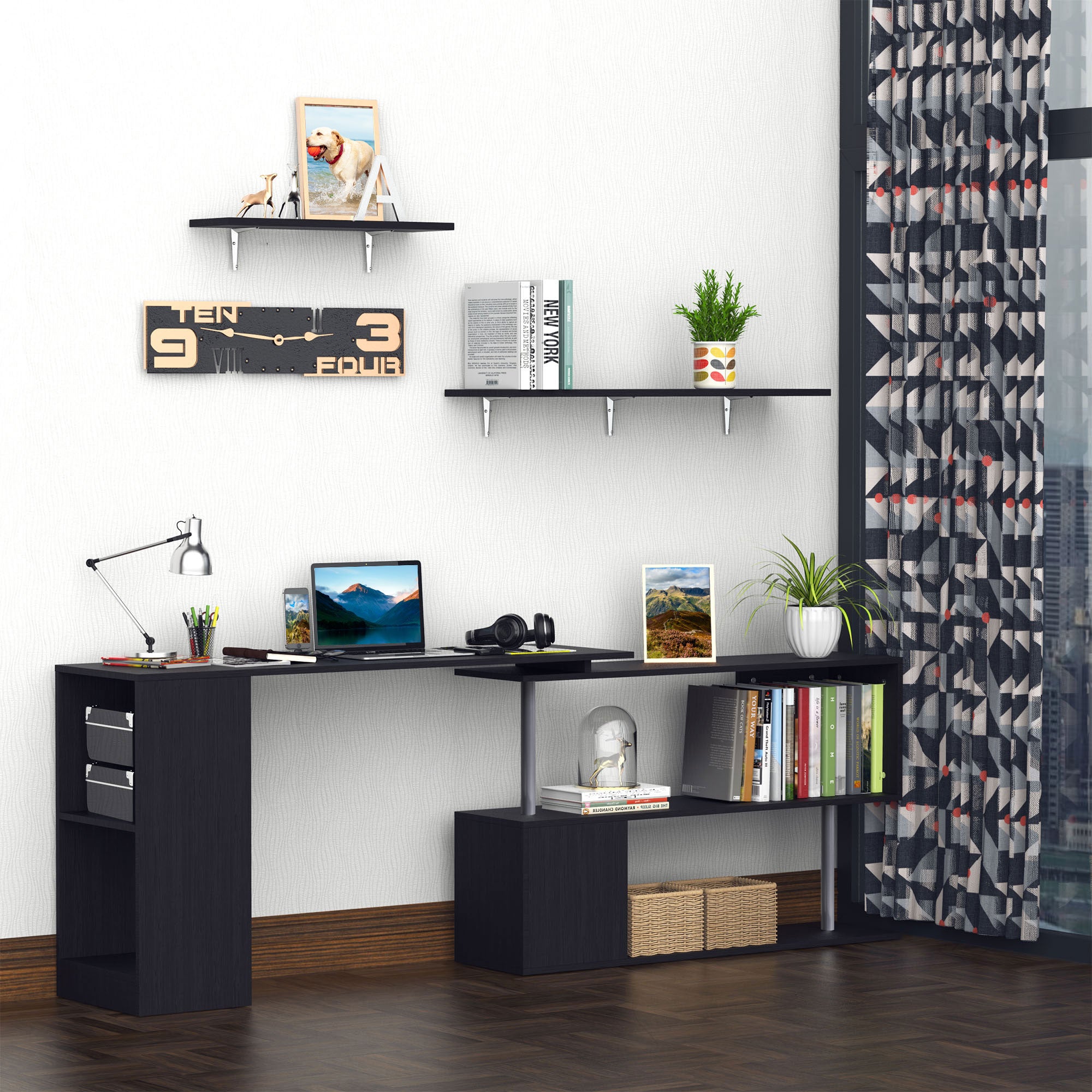 55" 360° Rotating Corner Computer Desk Modern L-Shaped Home Office Workstation with 3-Tier Storage Shelves, Bookshelf, Black
