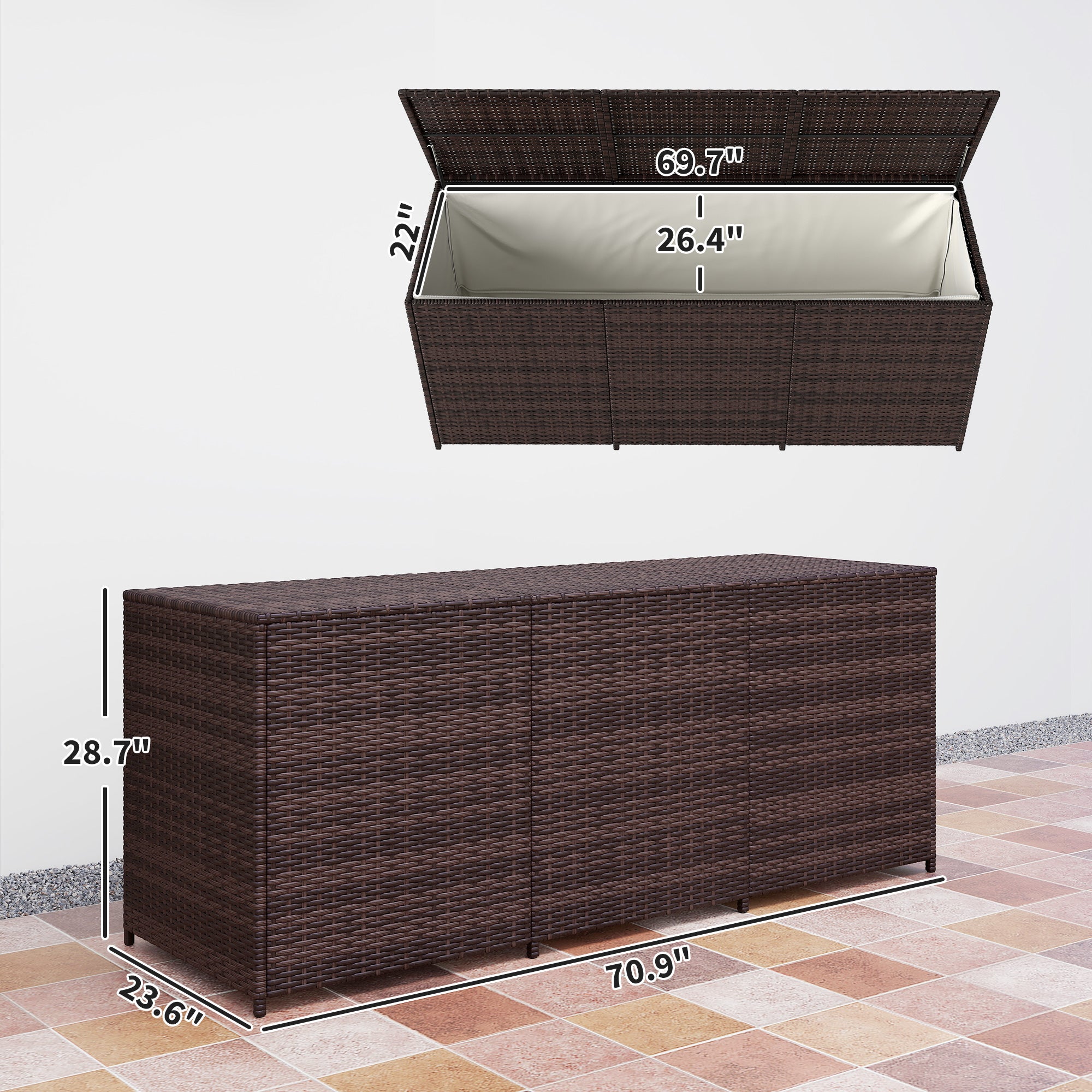 175 Gallon Outdoor Storage Box with Inner Liner, PE Rattan Wicker Deck Box with Pneumatic Bar Lift, Mixed Brown - Brown - Image 3