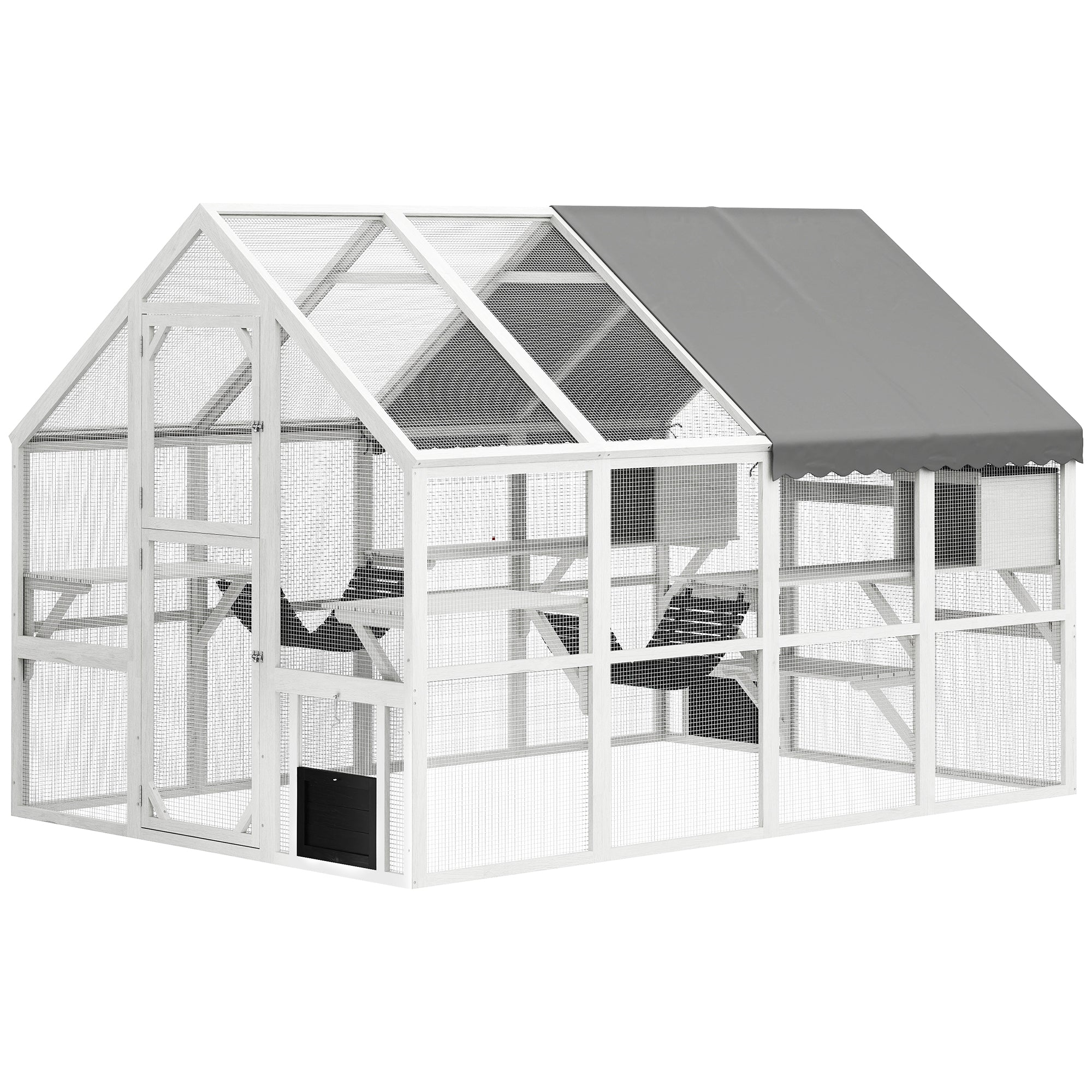 Wooden Catio Outdoor Cat Enclosure with Waterproof Cover, 2 Condos, 6 Platforms, Bridge, Doors, White - White