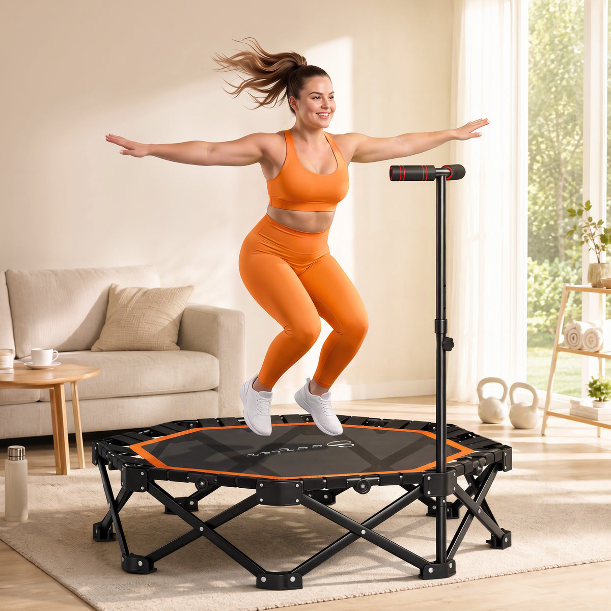 50" Foldable Mini Trampoline for Adults, One-Step Fold & Open, 550LBS Capacity, 3-Level Adjustable Handle, Orange