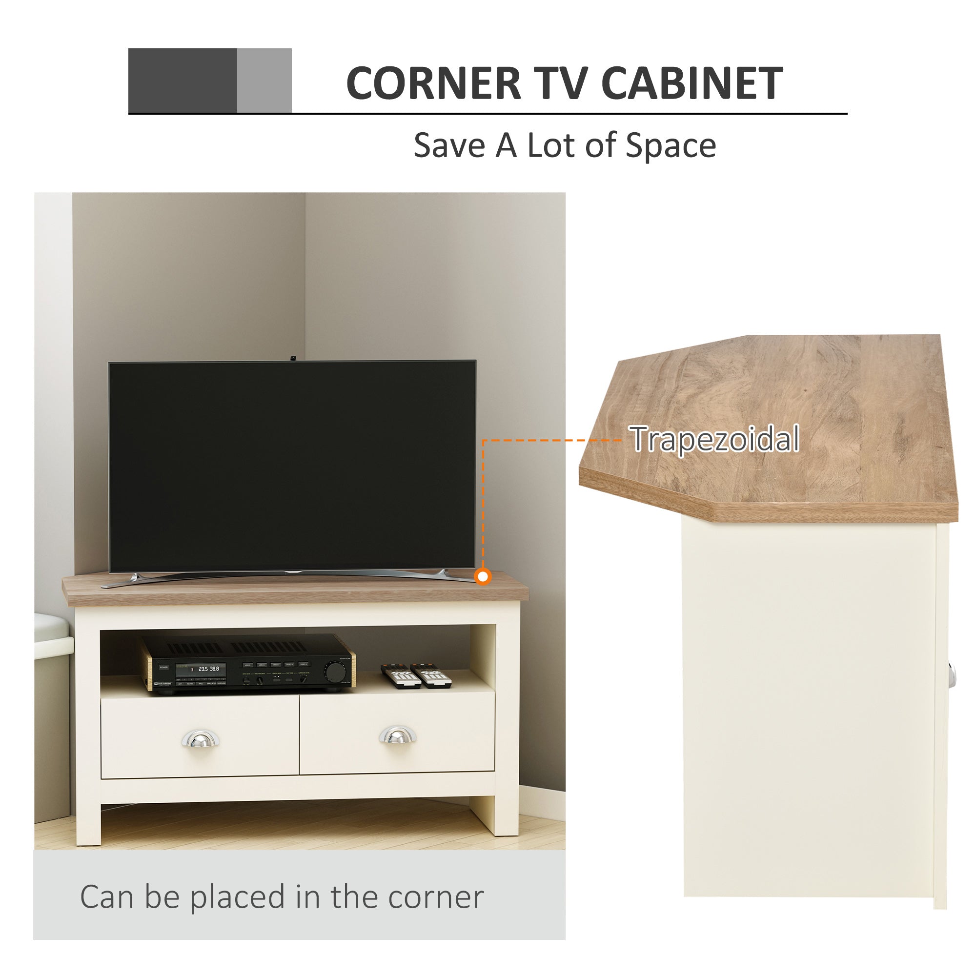 Entertainment Center TV Console Table, Corner TV Stand Up To 50" with Drawers and Open Storage Compartmen, White