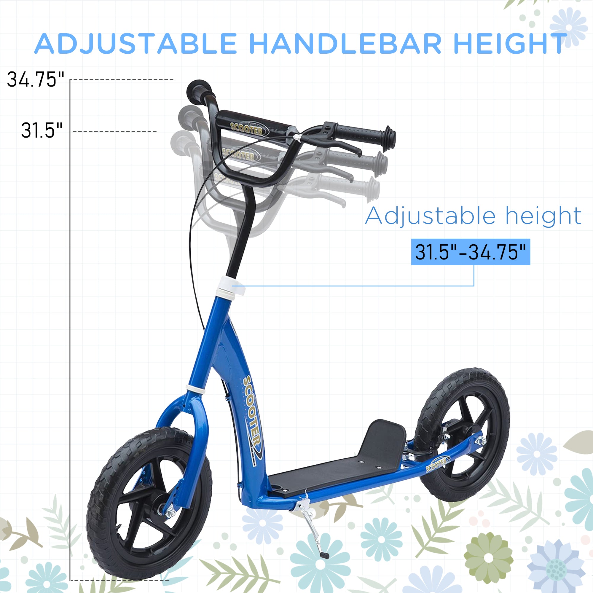Kick Scooter for Kids 5-12 Years Old with Adjustable Height Handlebar, Non-slip Footplate, Big Wheels, Rear Brake, Blue