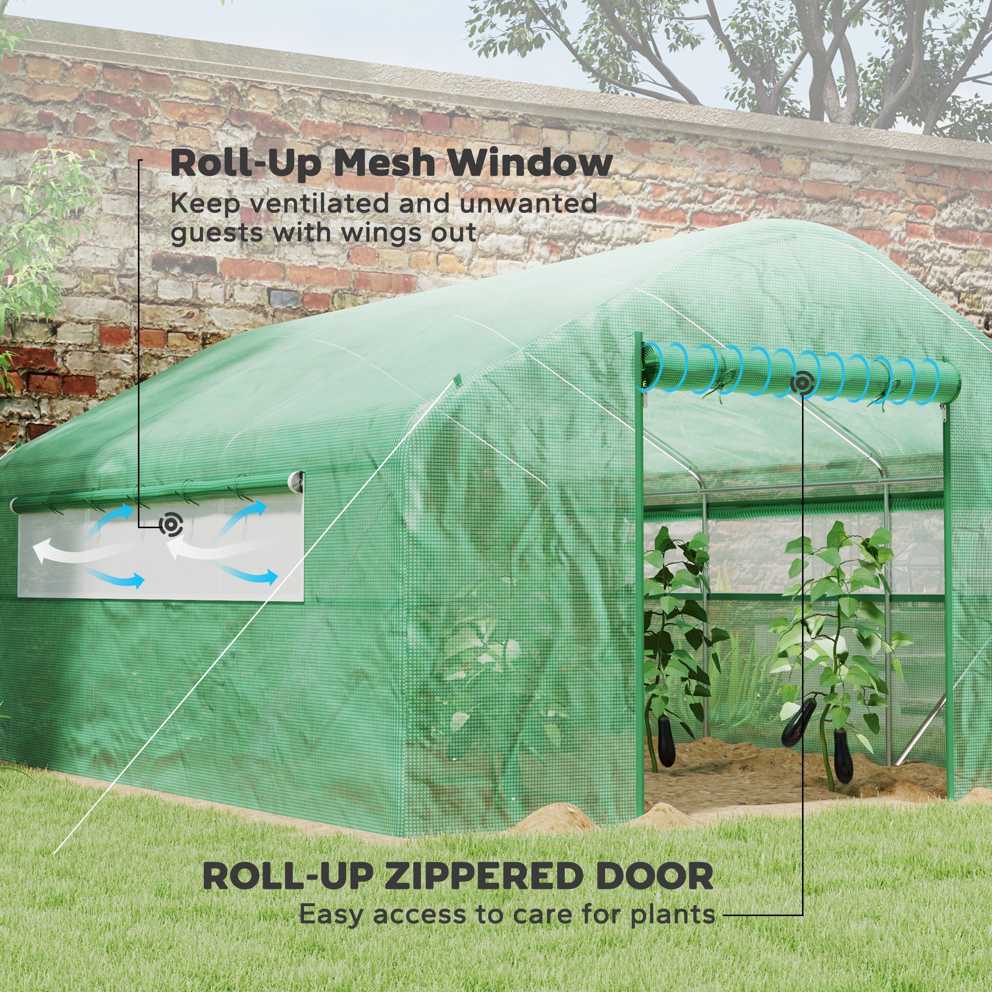 13' x 10' x 6.5' Tunnel Greenhouse Hoop House with Upgraded Galvanized Steel Frame and Large Windows, Green - Green - Image 5