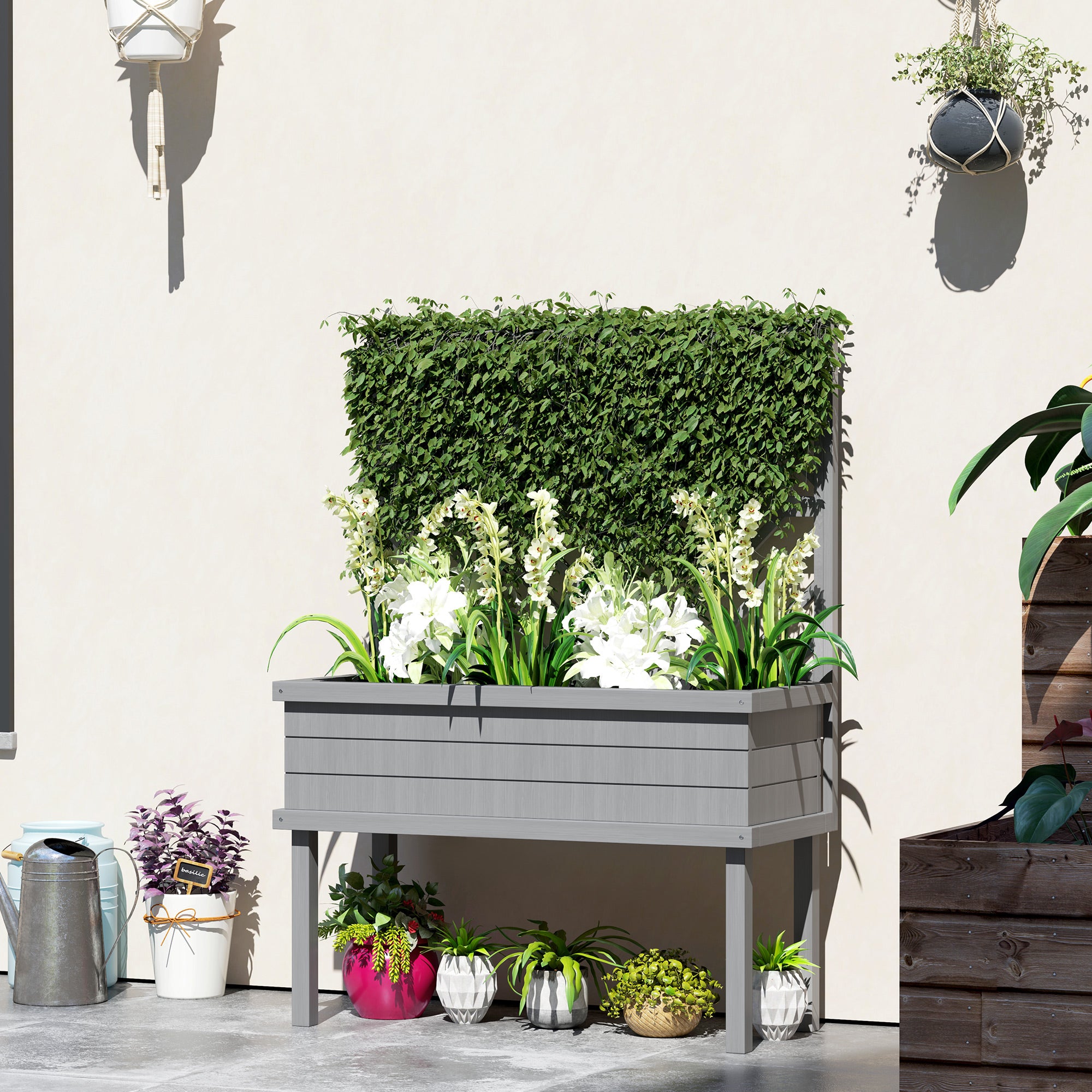 Elevated Wood Planter with Trellis for Climbing Plants, Raised Garden Bed with Legs and Drainage Holes, Gray - Gray - Image 2