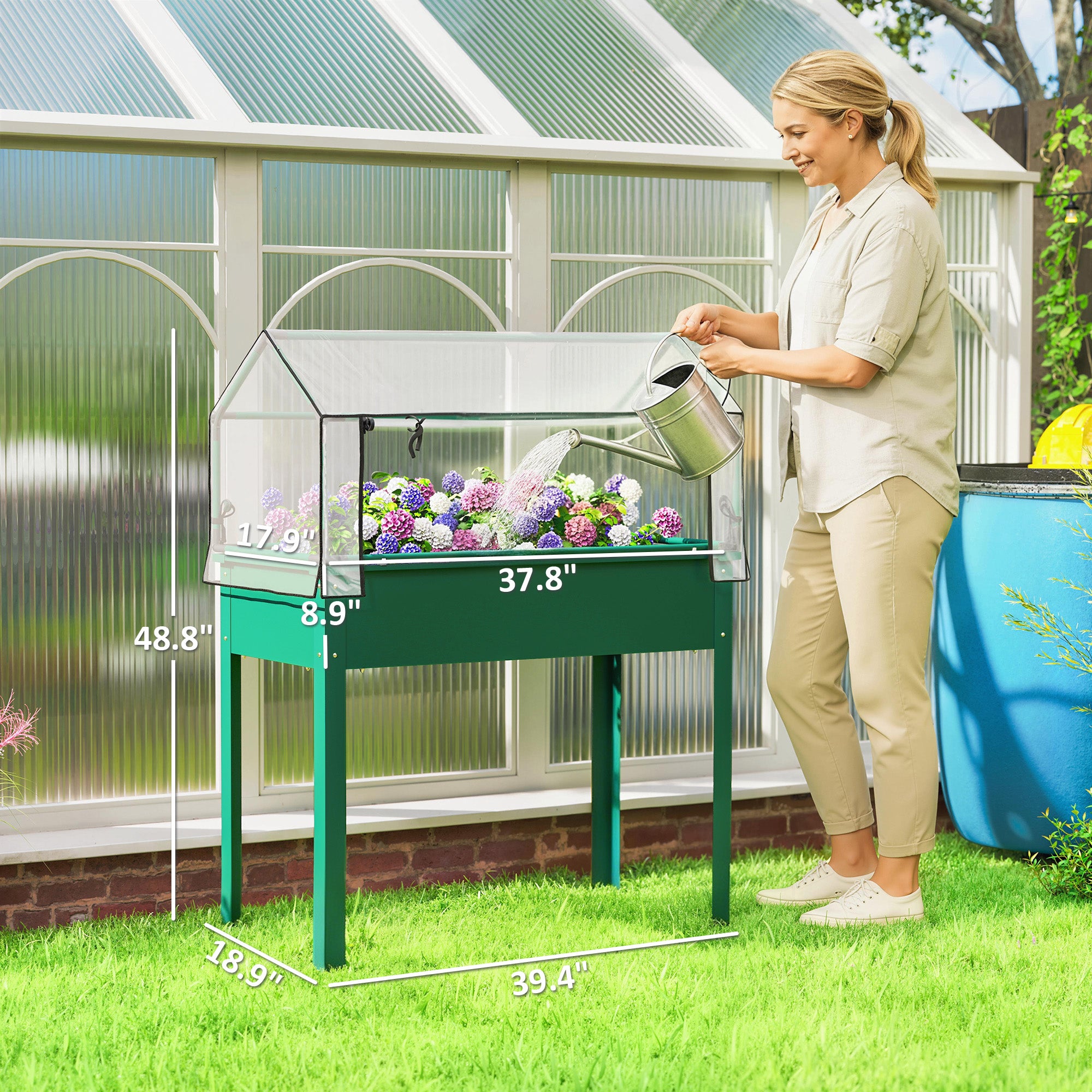 Elevated Garden Box with Greenhouse Cover, Raised Garden Bed with Legs and Drainage Hole for Vegetables, Green - Green - Image 3