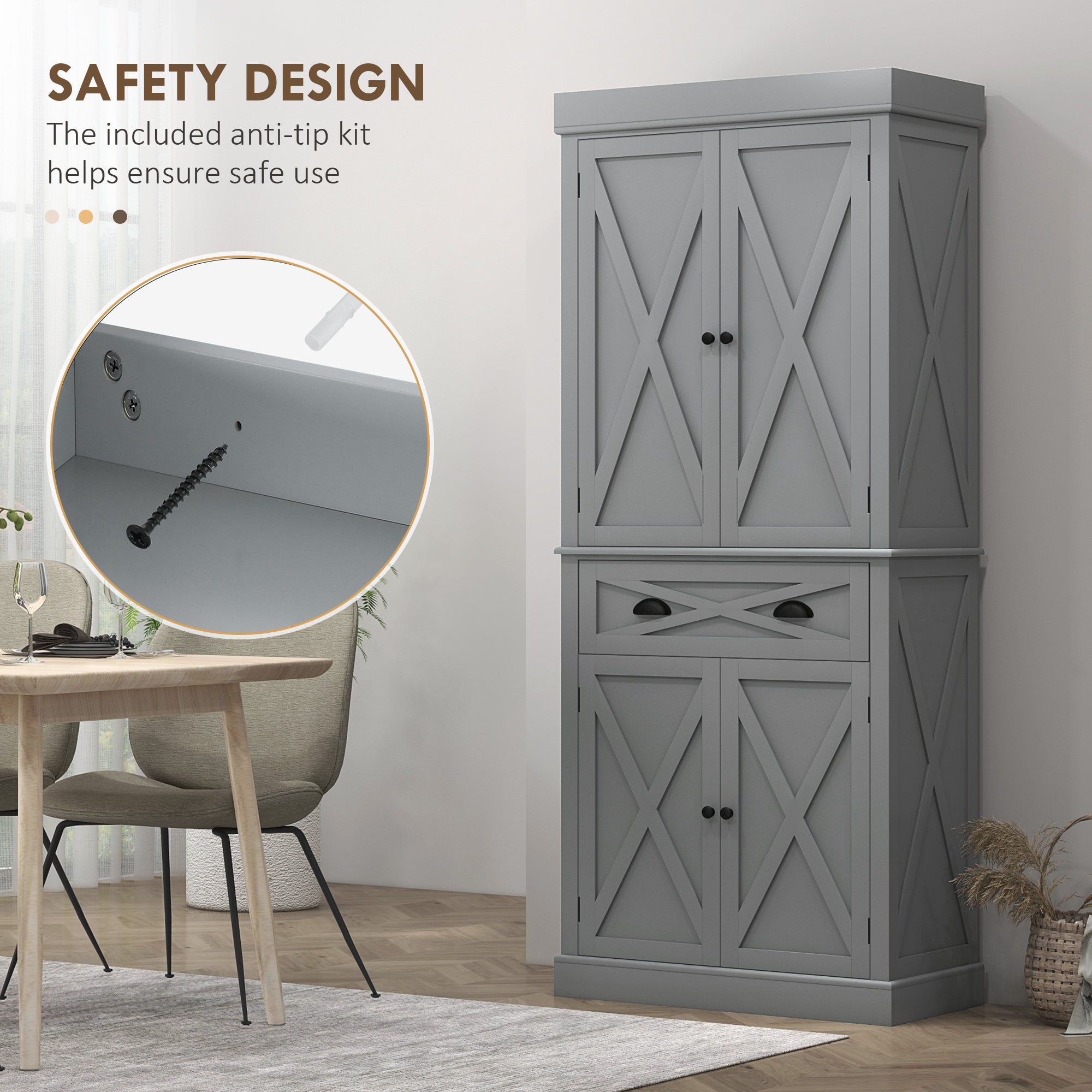 72" Kitchen Cabinet, Pantry Storage Cabinet with 4 Doors and 2 Adjustable Shelves, Large Central Drawer, Gray