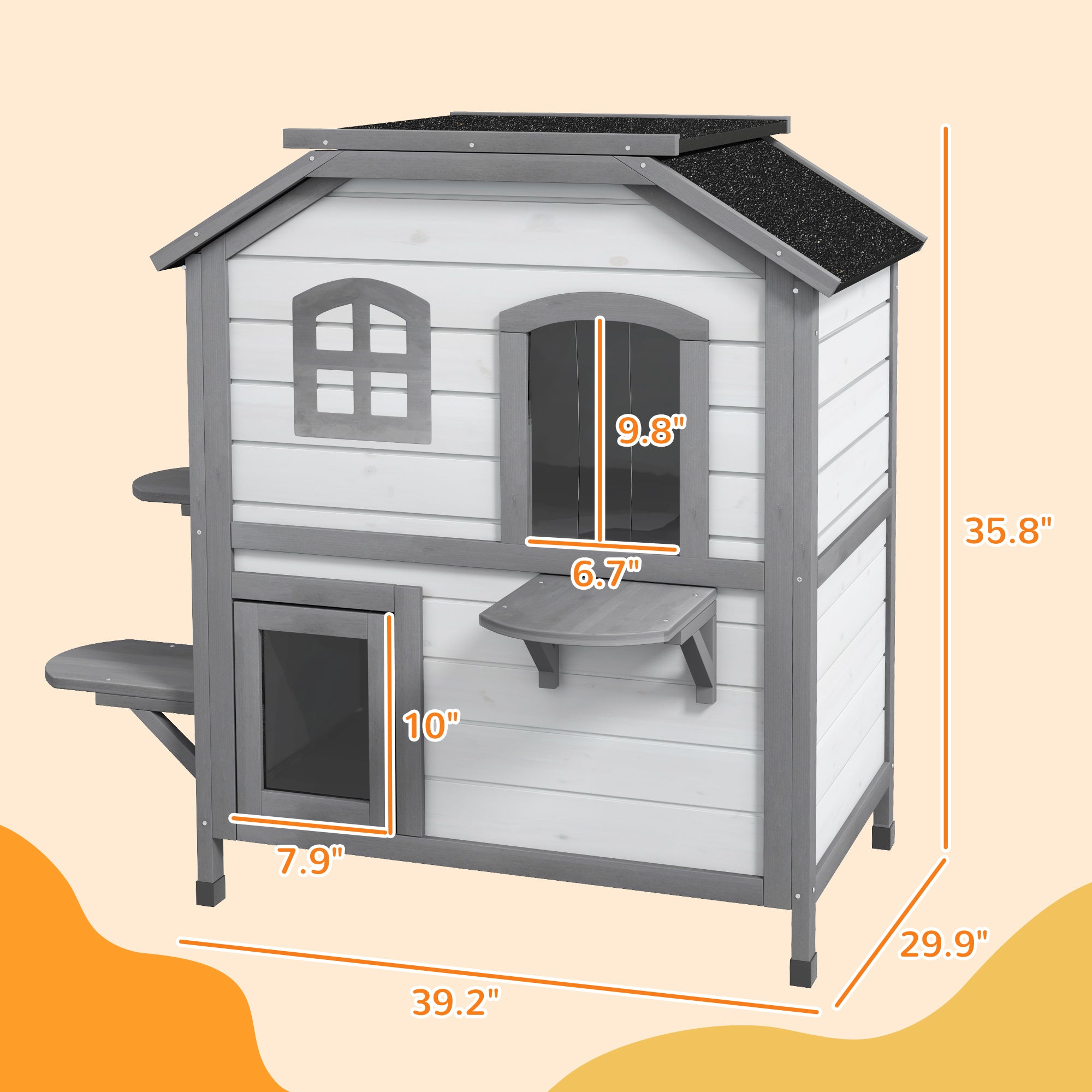 2-story Cat House Outdoor, Weatherproof Wooden Cat Enclosure for Feral Cats with Escape Door, Openable Roof, Jumping Platforms, White - White - Image 3