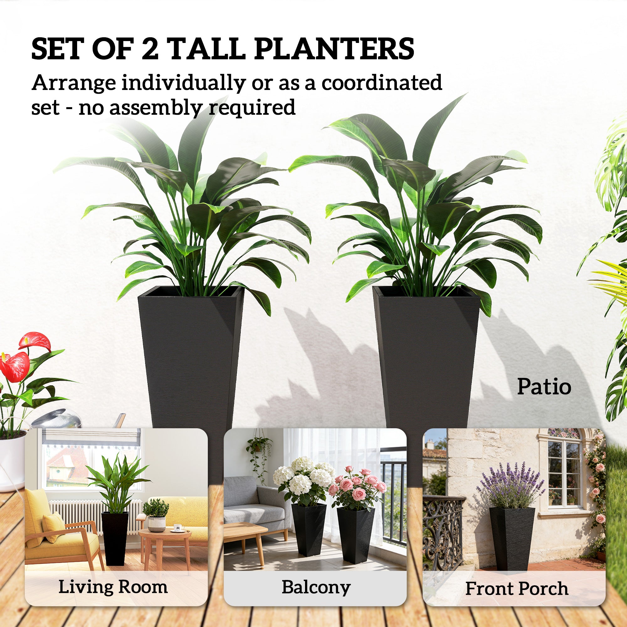 23 Inch Tall Planters for Outdoor Plants, Set of 2 Plastic Flower Pots, for Front Door Patio Garden Use, Black - Black - Image 4