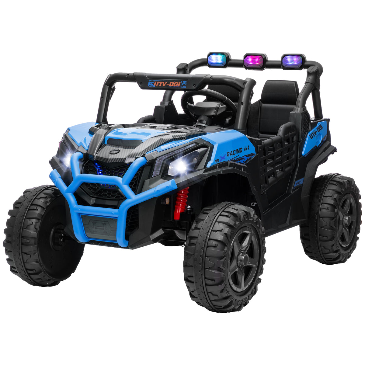 Qaba 2 Seater 24V Kids Electric Car w/ Remote Control, 3 Speed, LED Lights, Music, Horn, Spring Suspension, Slow Start, Blue