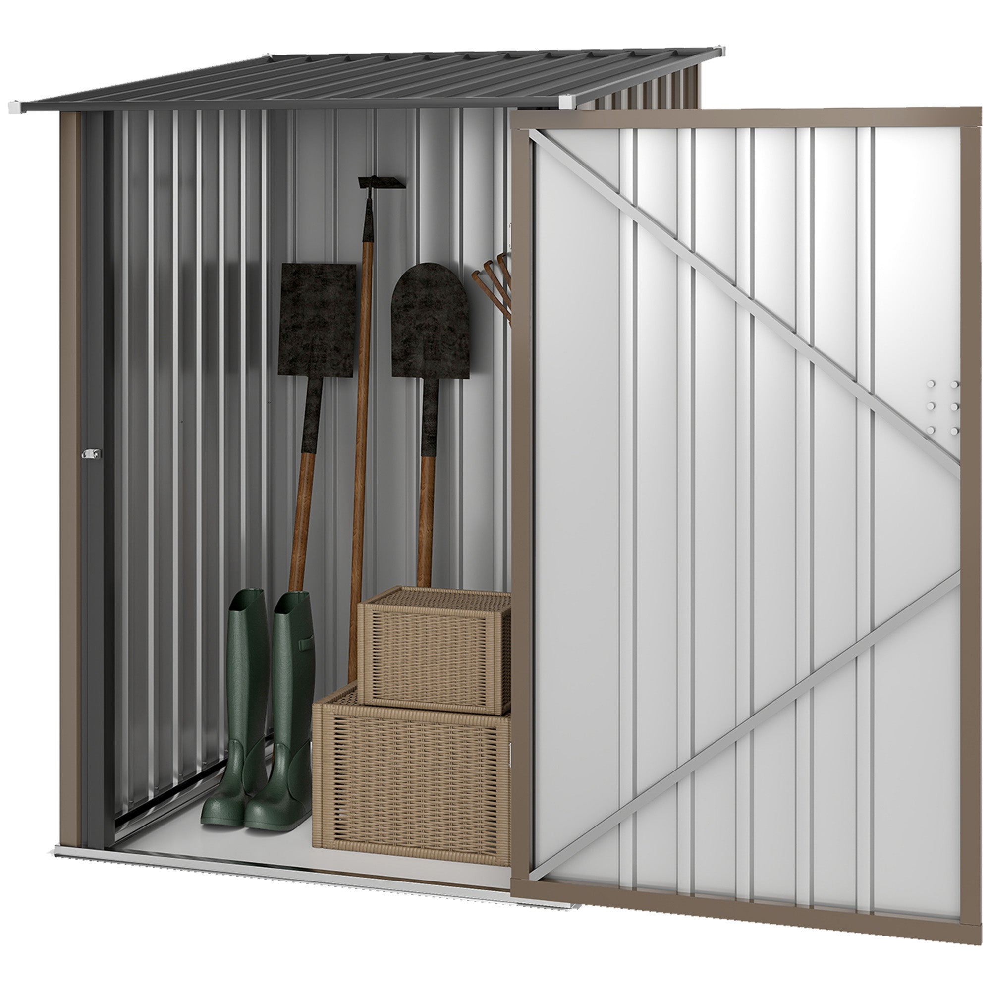 Outdoor 3.3' x 3.4' Lean-to Garden Storage Shed, Galvanized Steel Tool House with Lockable Door for Patio, Brown - Brown