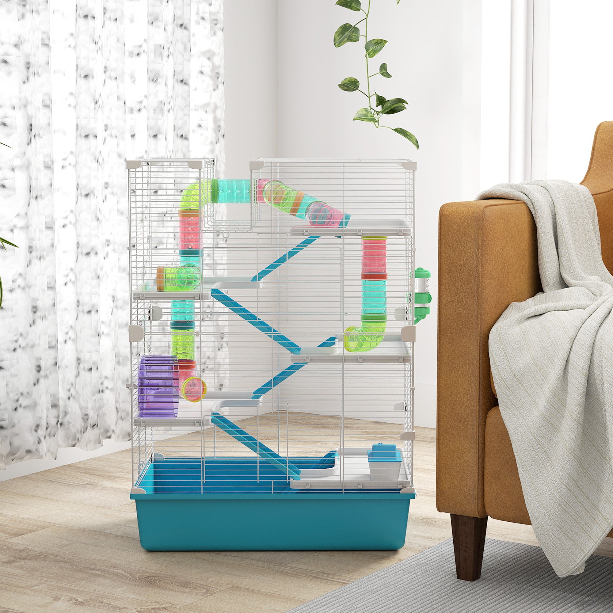 6 Tier Hamster Cage with Tubes and Tunnels, Hut, Wheel, Food Dish, Water Bottle, Ramps, for Dwarf & Gerbil, Light Blue - Light Blue - Image 8