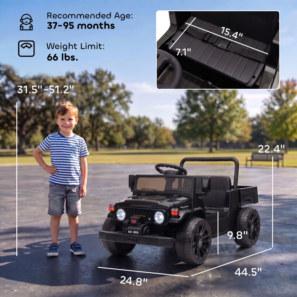 Licensed Toyota FJ45 Pick Up Ride on Truck, 24V Kids Electric Car with Dual Motors Up to 3.7MPH for Kids 3-8 Years Black