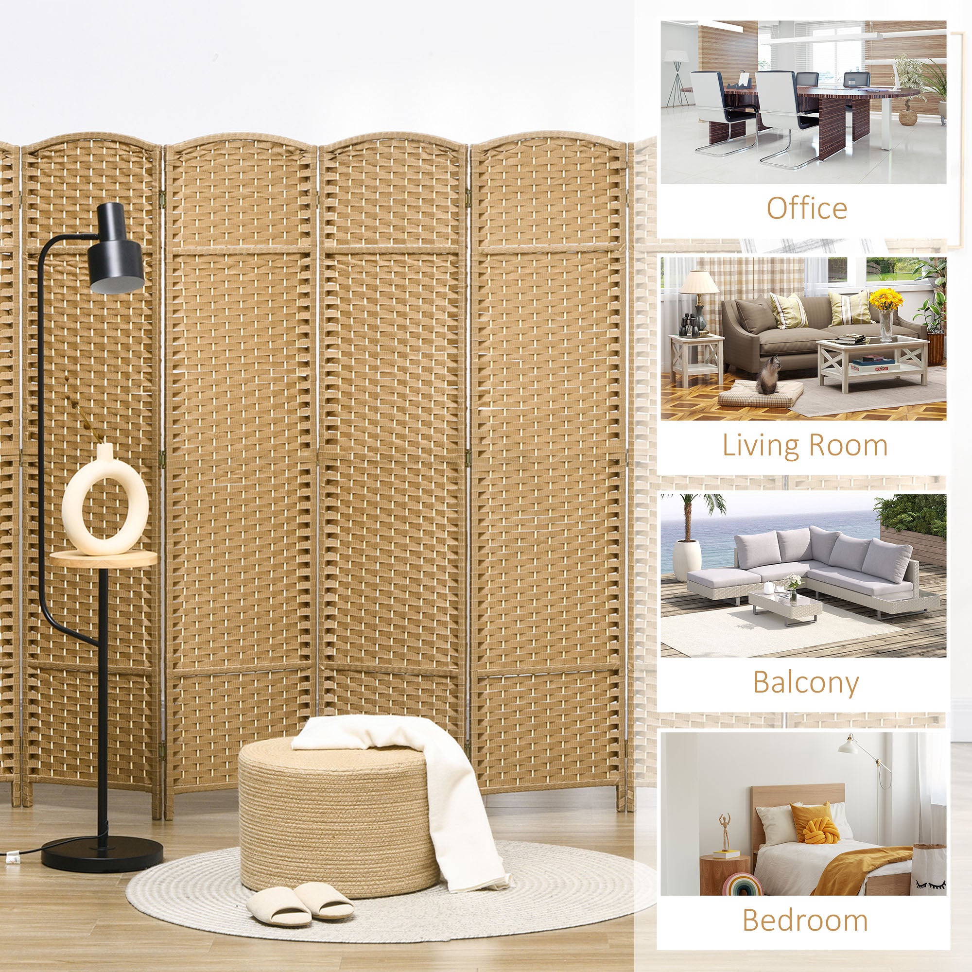 Folding Room Divider Screen 8 Panel 5.6 ' Tall Privacy Screen Freestanding Room Partition for Home Office, Nature Wood