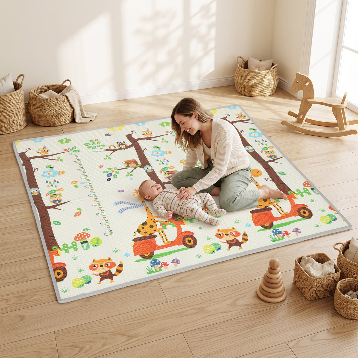 Foldable & Reversible Baby Play Mat, 79" x 71"Thick Play Mat for Floor, Waterproof Non-Slip, Giraffe & Woodland Animals