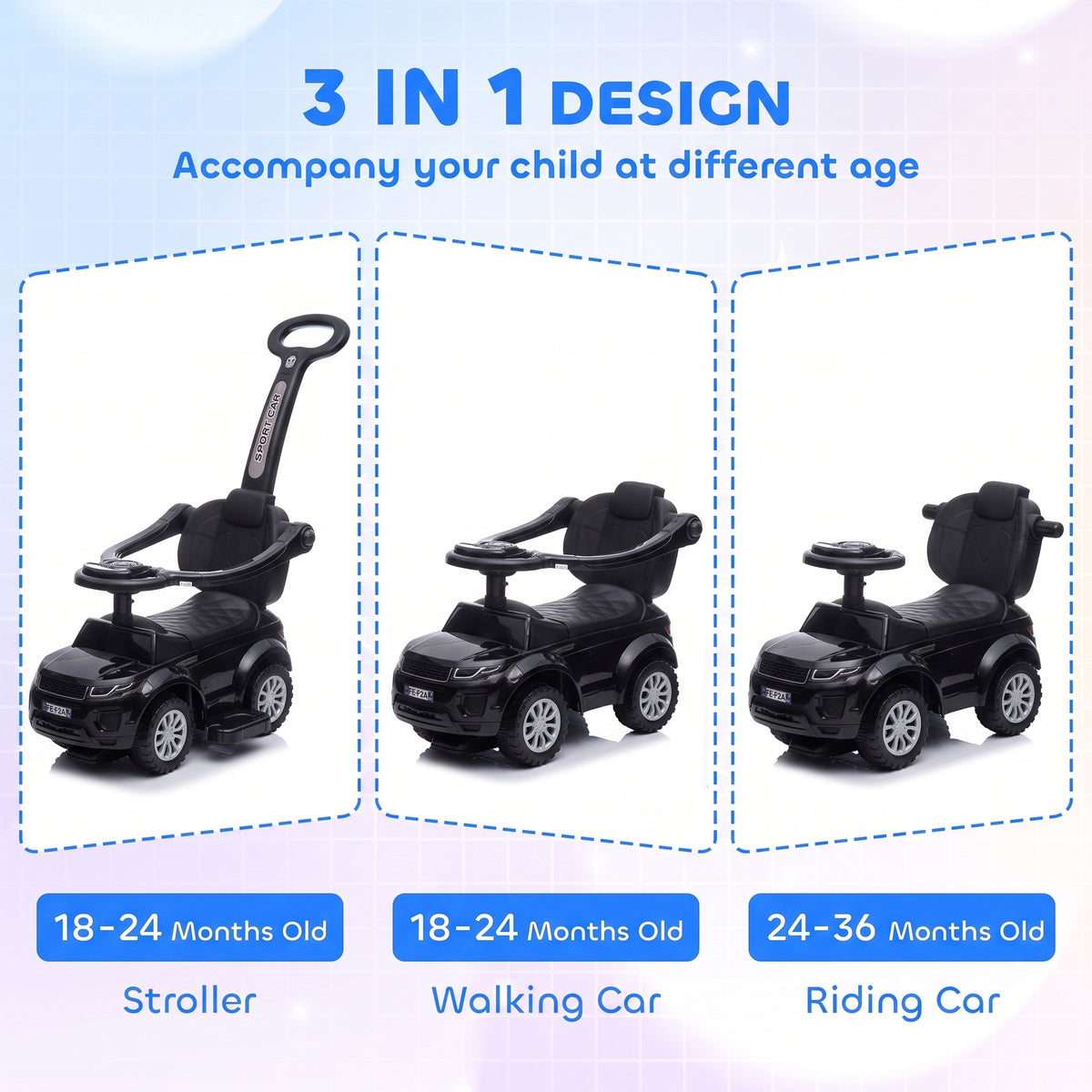 3 In 1 Push Cars for Toddlers Kid Ride on Push Car Stroller Sliding Car with Horn Music, Black