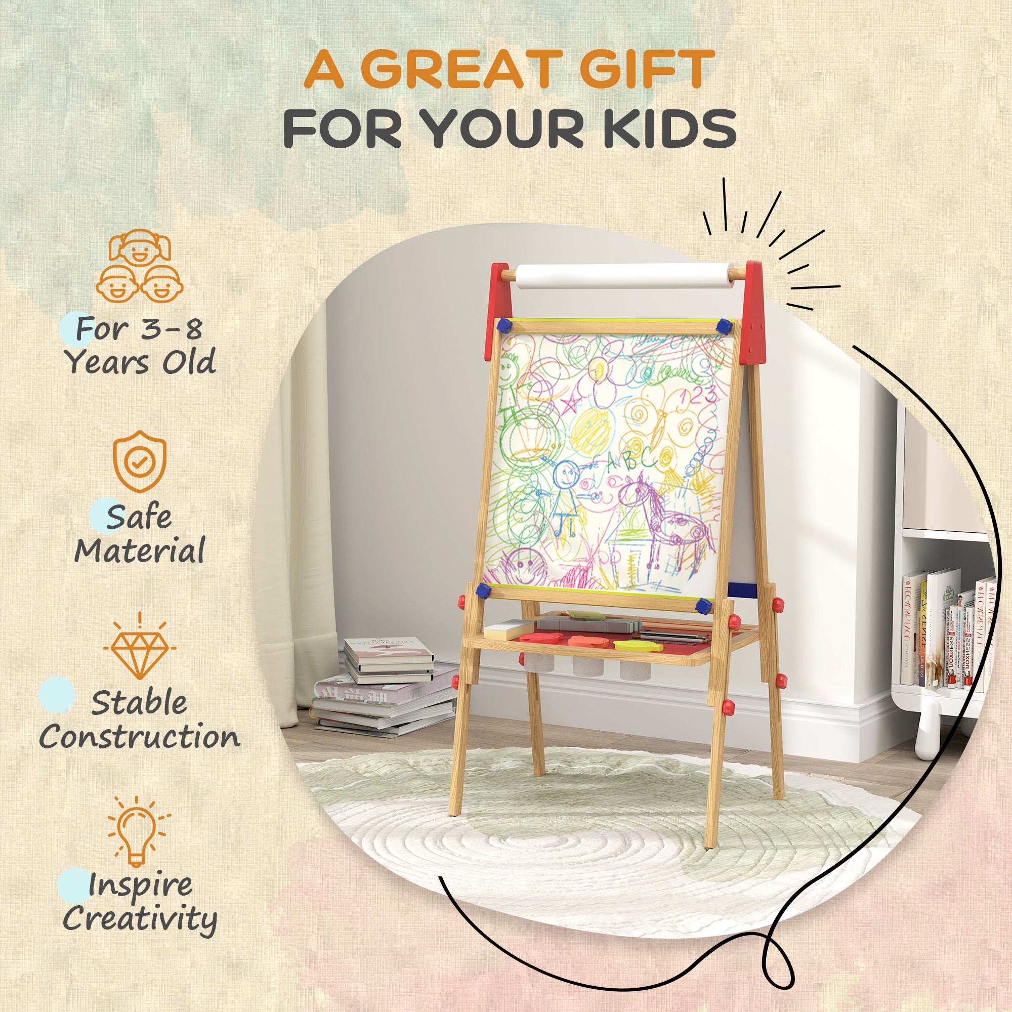 3 in 1 Easel for Kids with Paper Roll, Whiteboard, Chalkboard, Double Sided & Adjustable Height, Nature Wood
