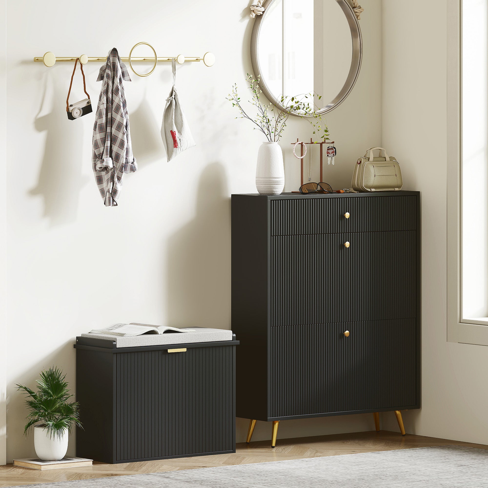 Shoe Storage Bench with Padded Seat Cushion and Flip-Drawer, Entryway Bench, Shoe Cabinet, 24.4x10.2x18.7 Inches, Black