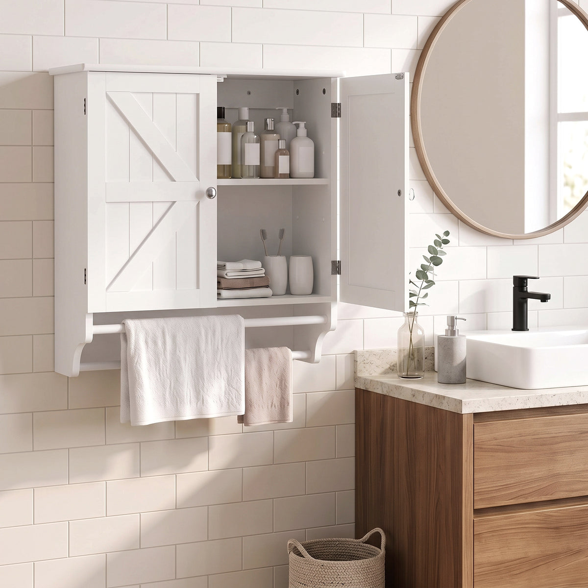 Bathroom Wall Cabinet, Medicine Cabinet with Adjustable Shelf, 2 Doors & Towel Racks, 23.8" x 8.9" x 25.2", White