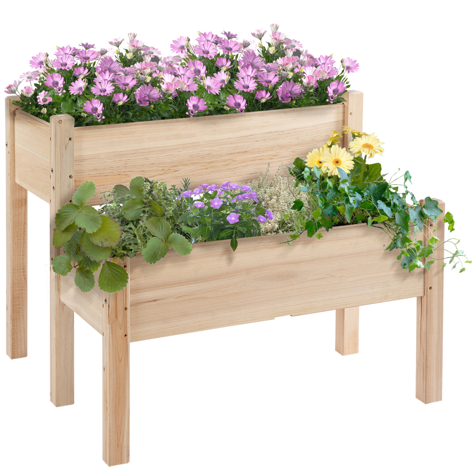 Raised Garden Bed, 2-Tier Wood Planter Stand Plant Grow Box, 34"x34"x28" - Natural