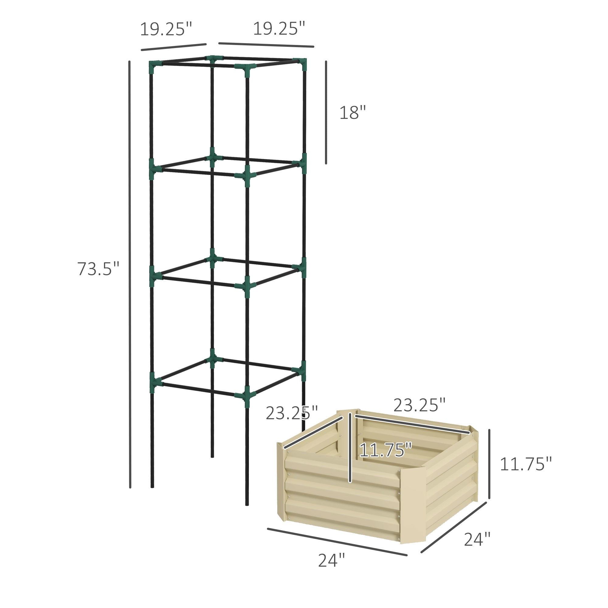 Galvanized Planter Box, 24" x 24" x 73.5" Raised Garden Bed with Tomato Cage for Climbing Vines, Cream - Cream White - Image 3
