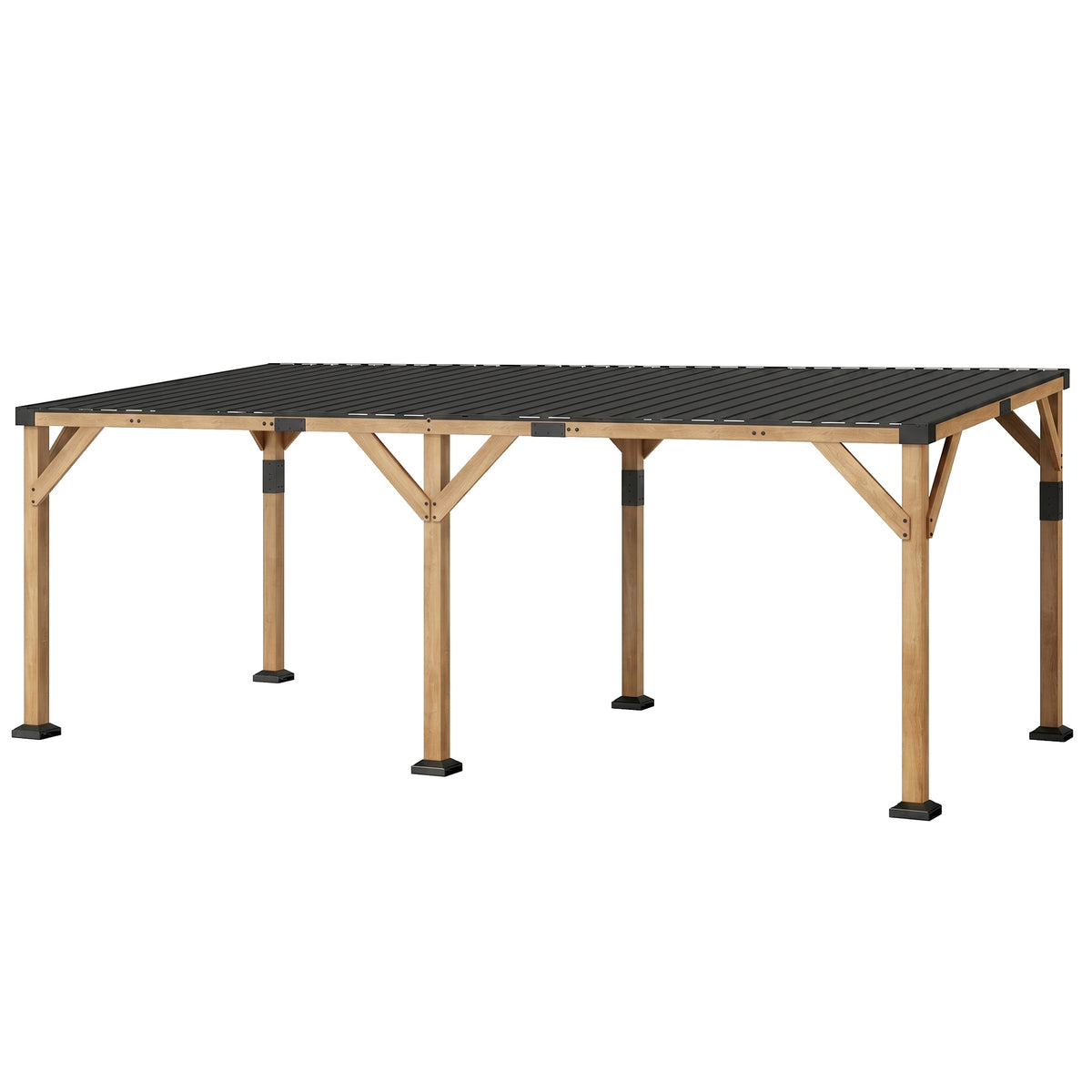 10' x 20' Wooden Gazebo, Hardtop Lean-to Gazebo Pergola with Galvanized Steel Sloped Roof, Light Walnut