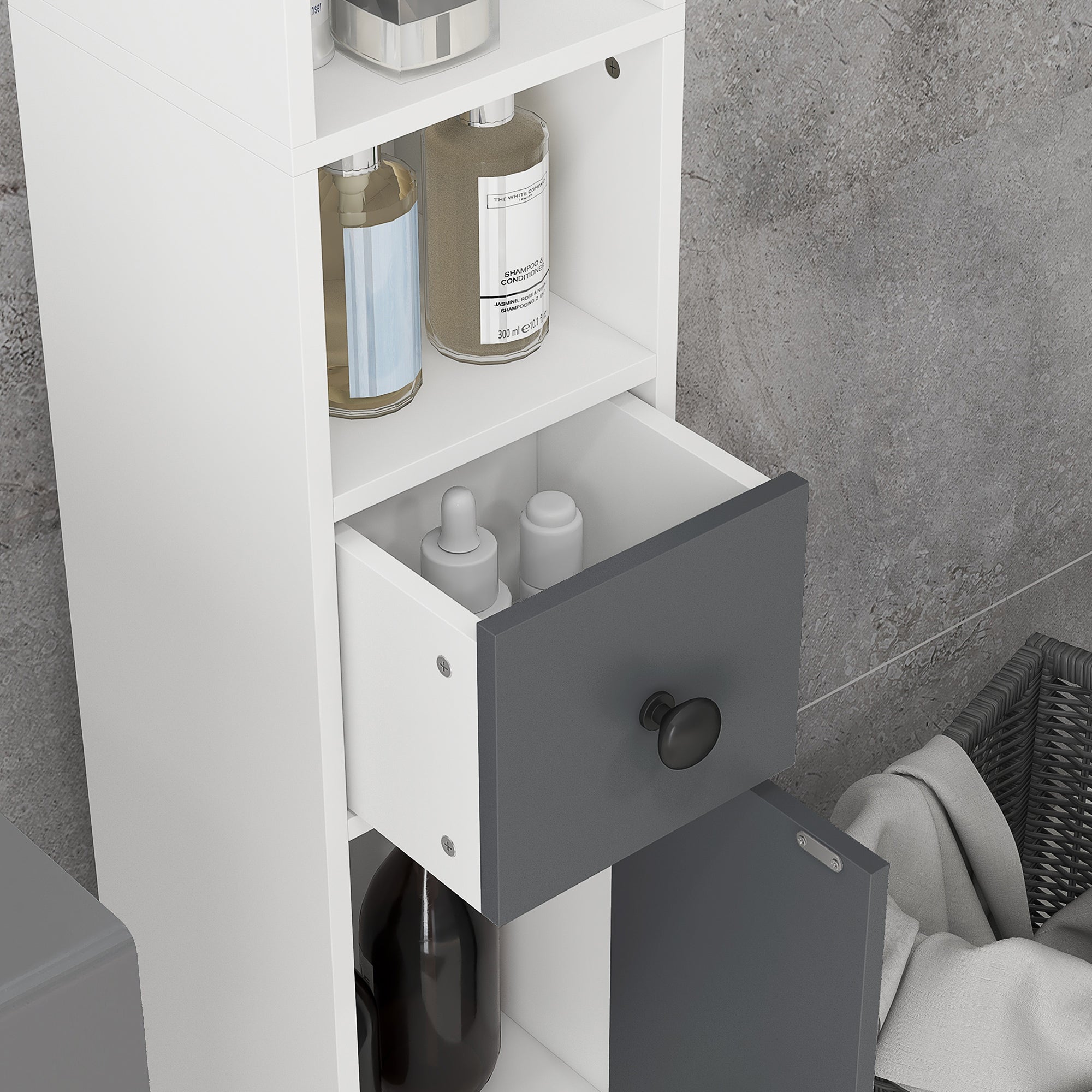 71" Small Bathroom Storage Cabinet, Narrow Toilet Paper Cabinet with Open Shelves, 2 Cabinets, Adjustable Shelves, Gray