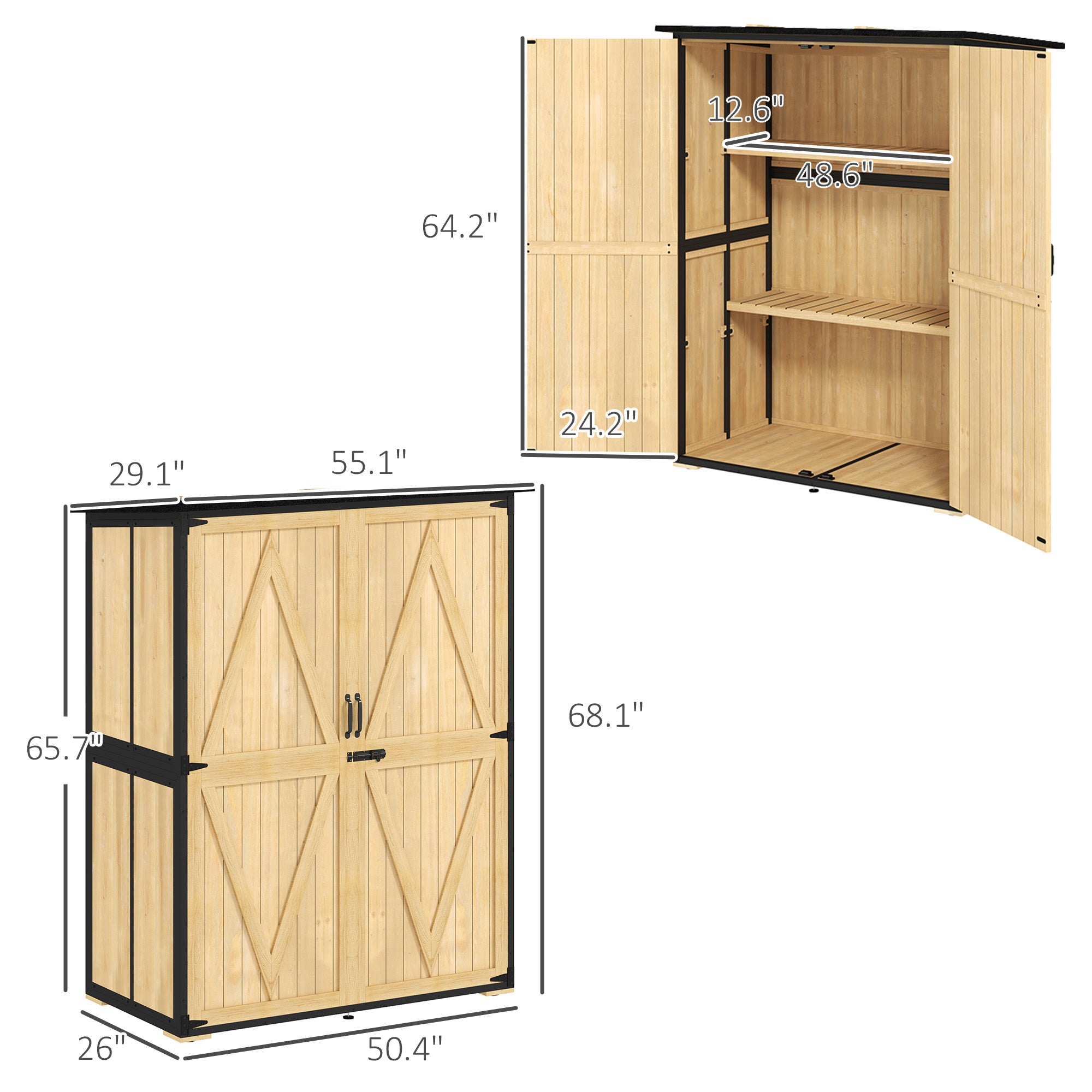 Wood Storage Shed, Outdoor Garden Shed with Asphalt Roof, 2 Shelves, Lockable Doors and Adjustable Feet, Natural - Natural Wood - Image 3