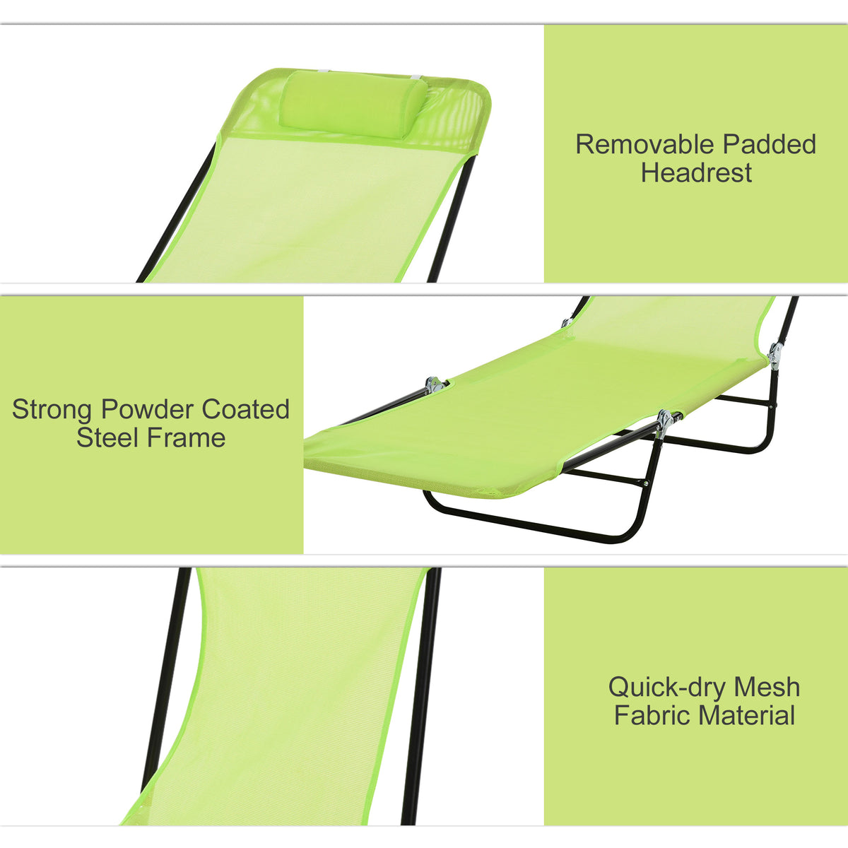 Folding Chaise Lounge Chair, Pool Sun Tanning Chair, Outdoor Lounge Chair with Reclining Back, Breathable Mesh Seat, Headrest for Beach, Yard, Patio, Green