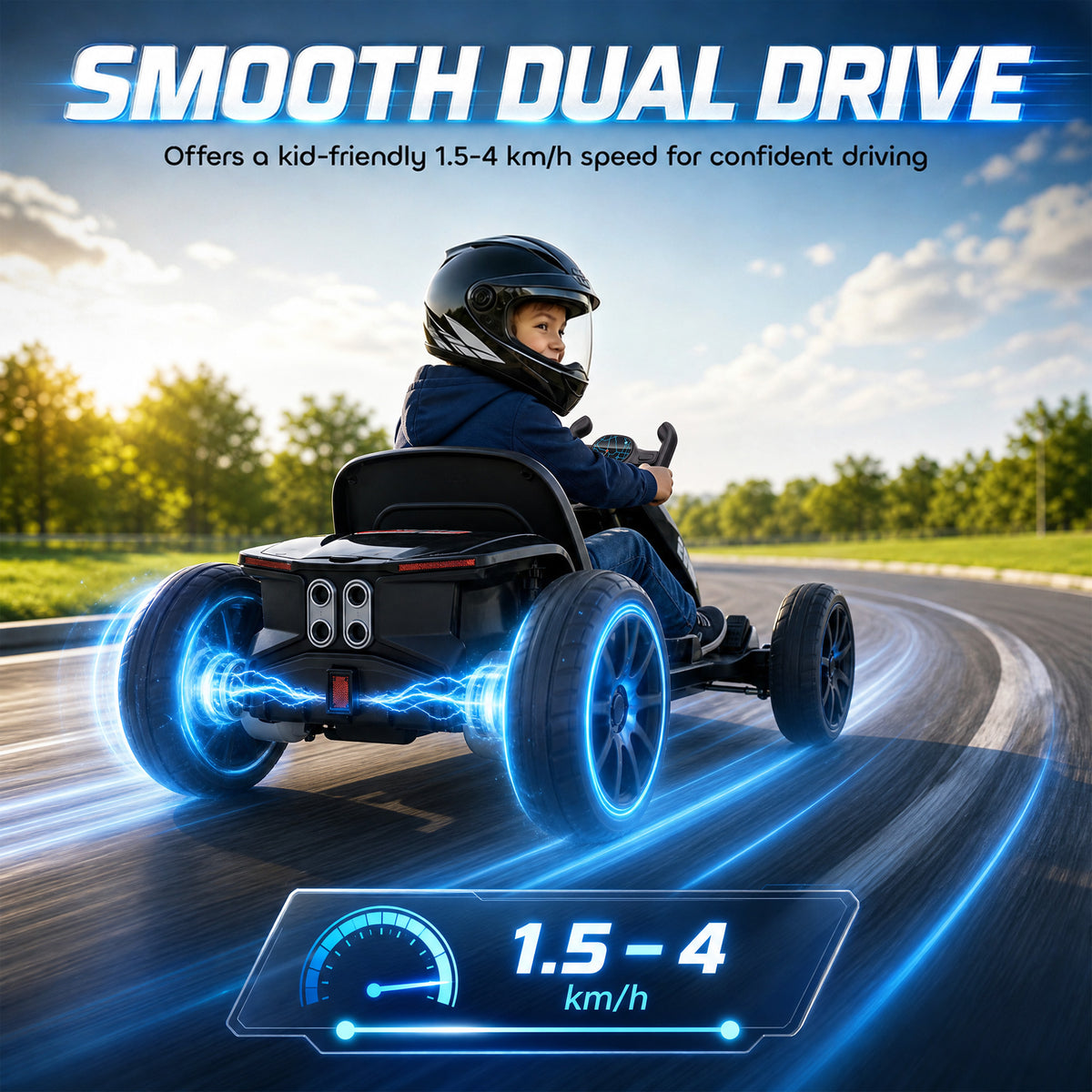 12V Electric Go Kart for Kids with Dual Motors, Adjustable Seat, Soft Start, LED Lights, EVA Wheels, for Age 3-6, Black