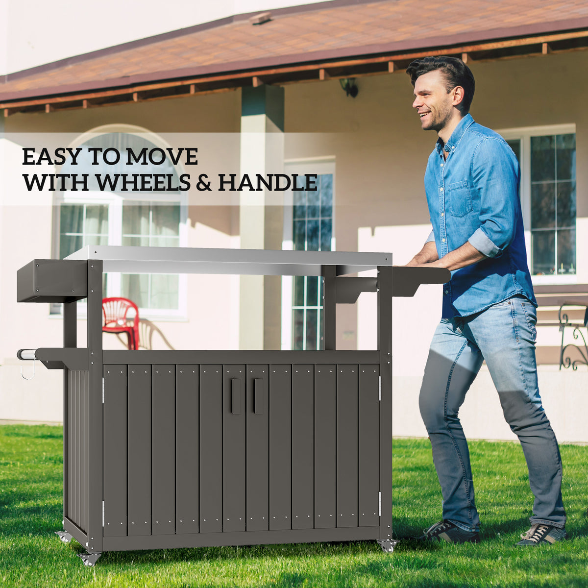 Outdoor Bar Cart with Storage, Stainless Steel Outdoor Bar Table Top, Wheeled HDPE Kitchen Island for Food Prep, Gray