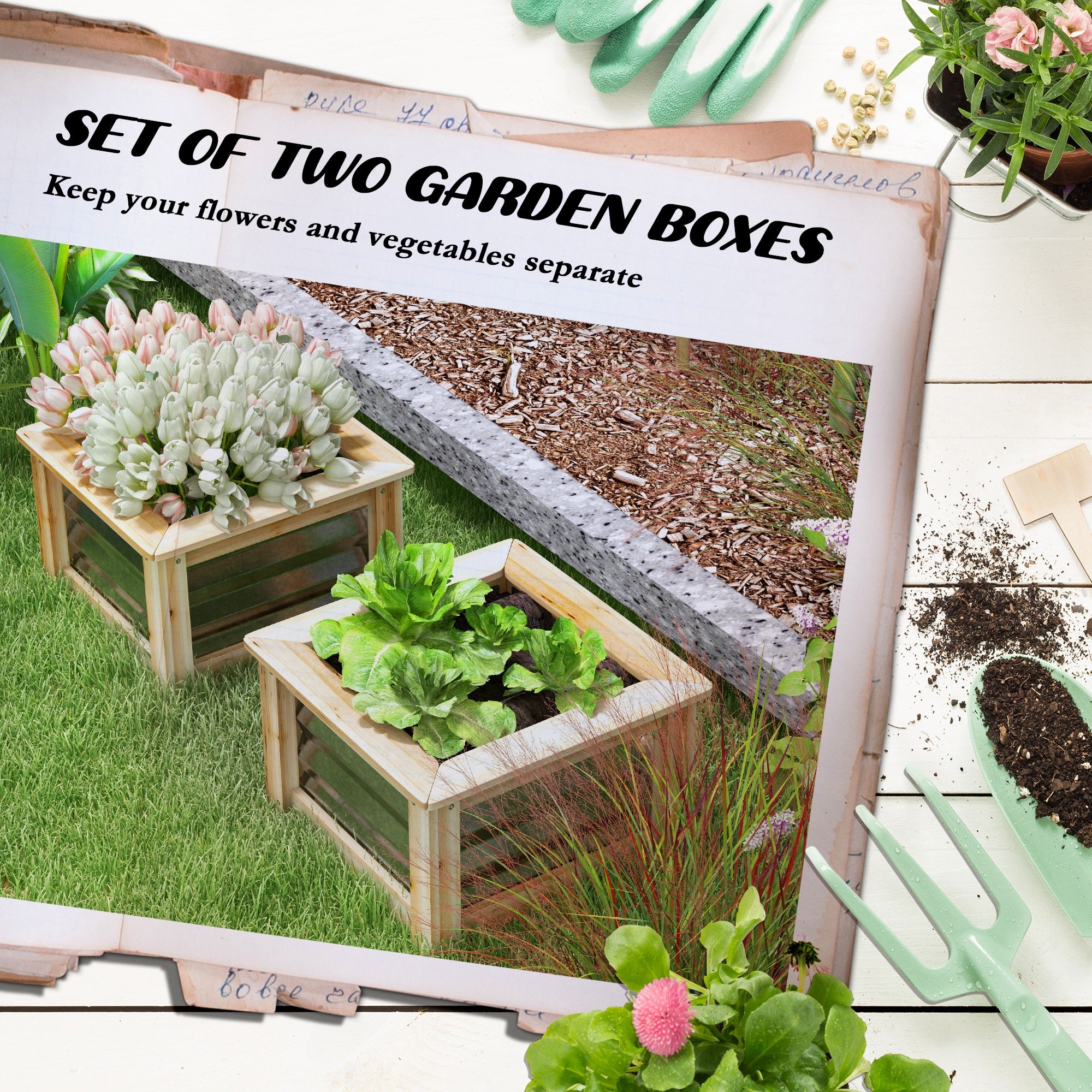 Raised Garden Beds Set of 2, Metal and Wood Combined Planter Box, for Growing Flowers, Herbs and Vegetables - Natural, Silver - Image 4