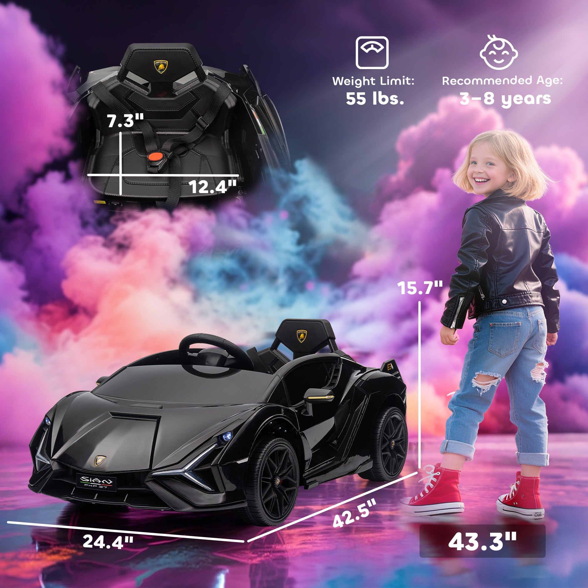 12V Lamborghini SIAN Licensed Electric Car for kids with Remote Control, Horn, Music, & Headlights, Black