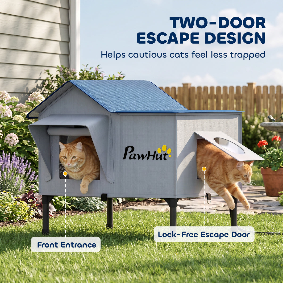 Heated Cat House Weatherproof with Heating Pad, Elevated Base, Safe Escape Door, for Stray, Barn Cats