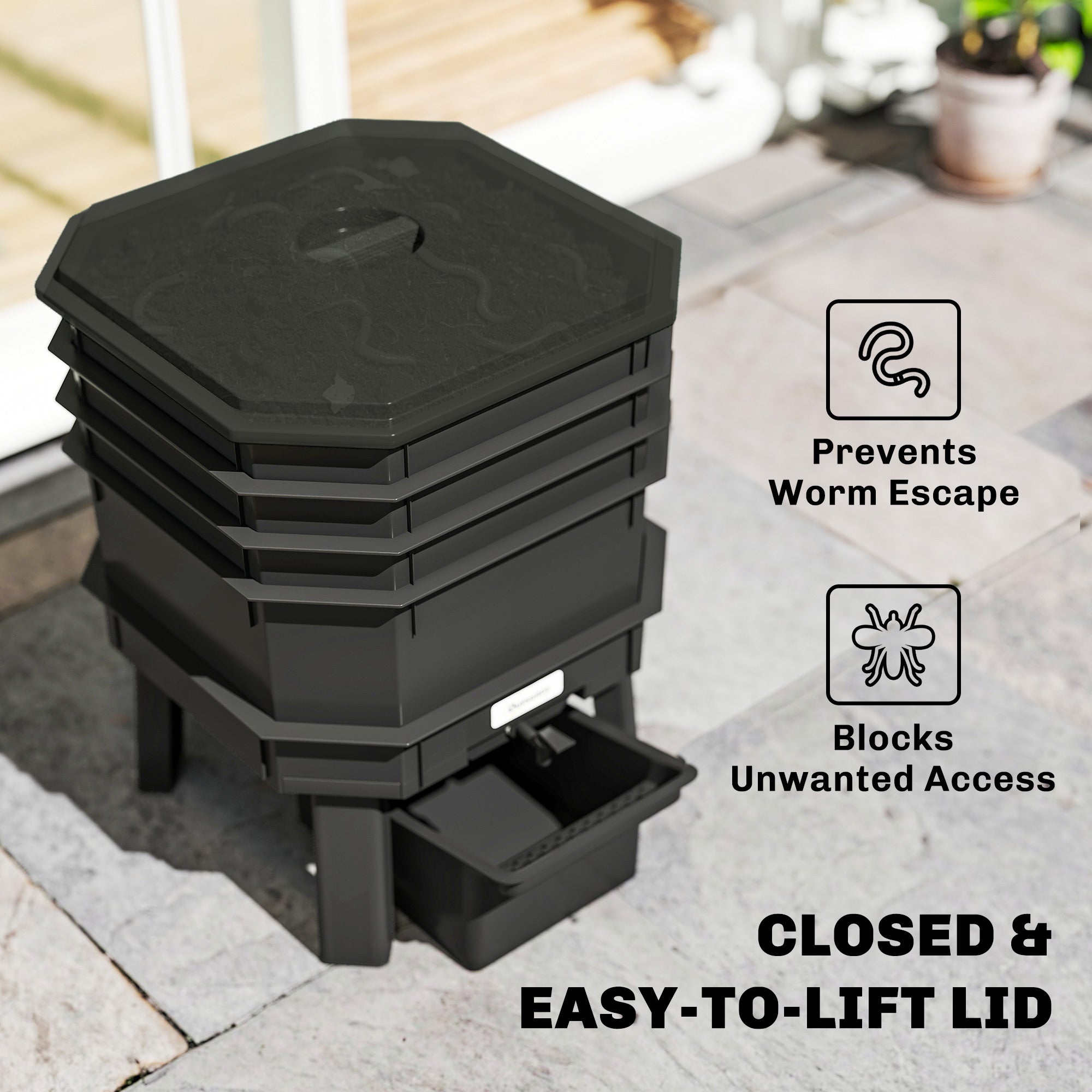 4-Tray Worm Composter Bin, 7.4 Gal Outdoor & Indoor Worm Composter for Recycling Food Waste, Black - Black - Image 5