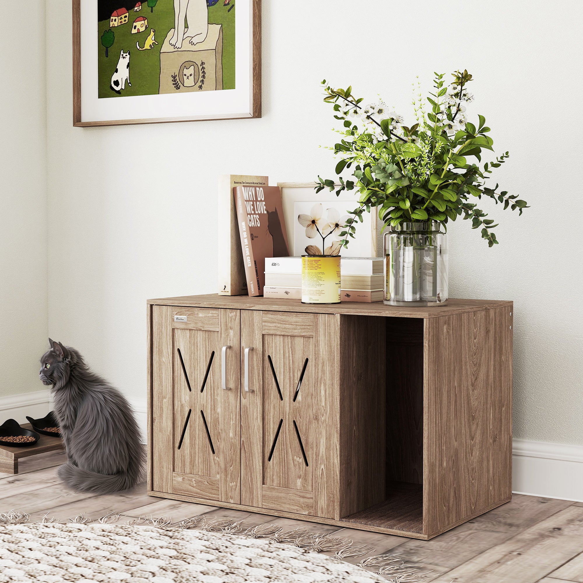 Cat Litter Box Enclosure with Scratching Board, Cat Washroom End Side Table, 31.5" x 19" x 20", Walnut Brown - Walnut - Image 8