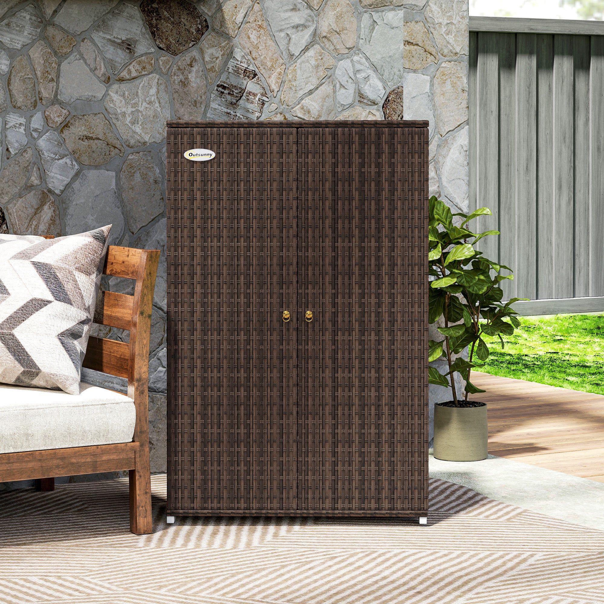 Outdoor Storage Cabinet with Shelves, Rattan Pool Towel Storage Cabinet with Removable Shelf & Drawer, Mixed Brown - Brown - Image 8