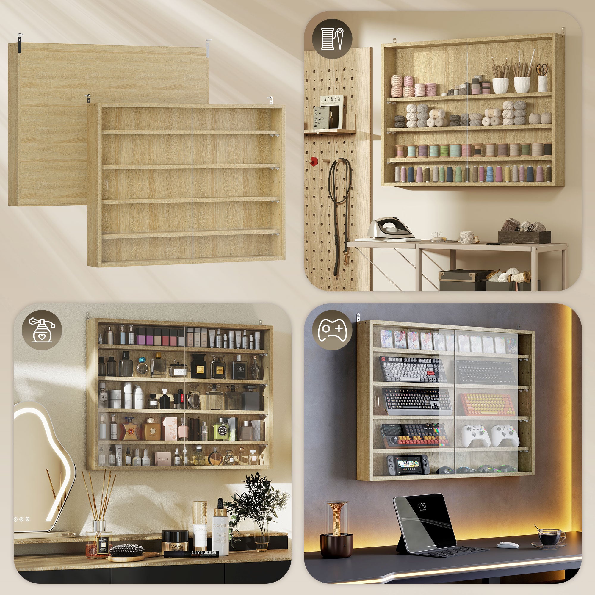 5-Tier Display Cabinet, Wall-Mounted Display Case with 2 Glass Doors and Adjustable Shelves, Oak