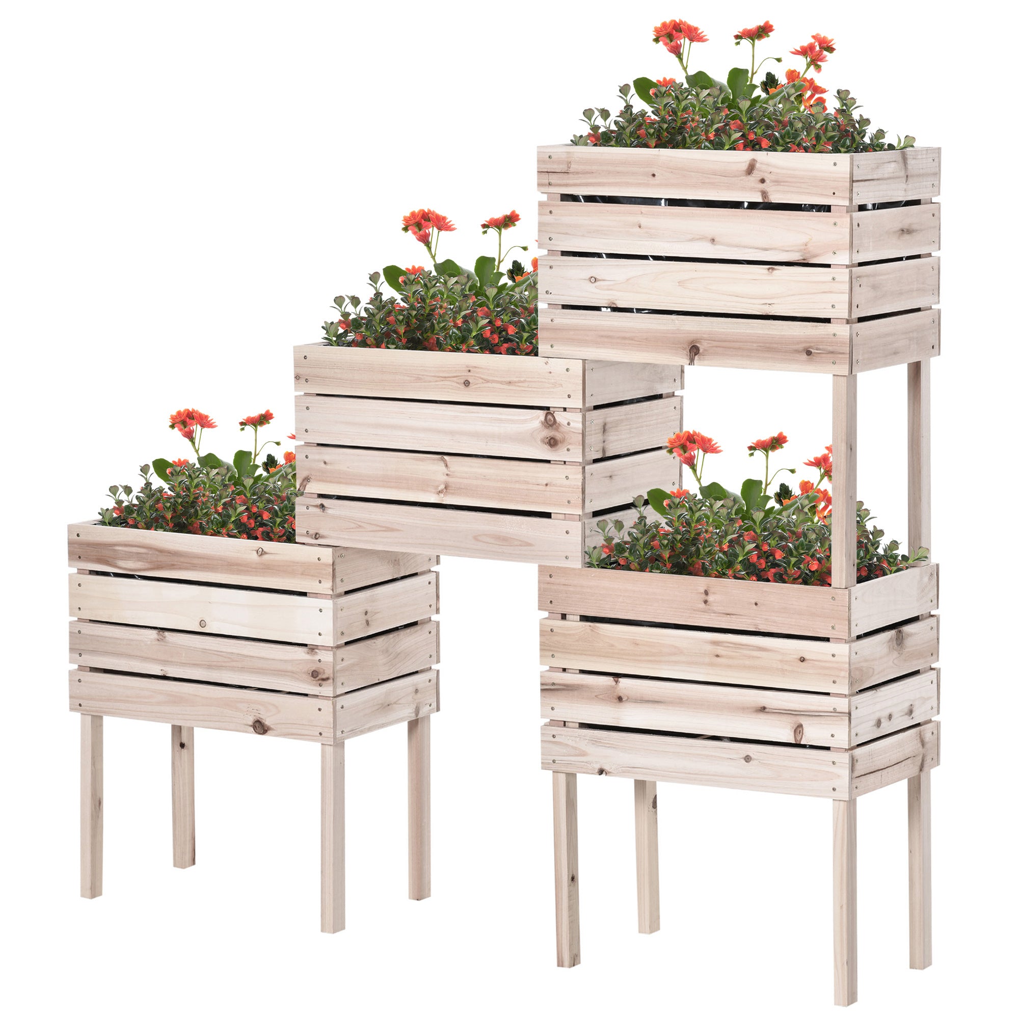 4PCS Raised Garden Bed With Legs, Wooden Elevated Planter Box Kit with Bed Liner, DIY Shape, for Flowers Vegetables Backyard Patio Balcony, 110lb Capacity - Natural Wood