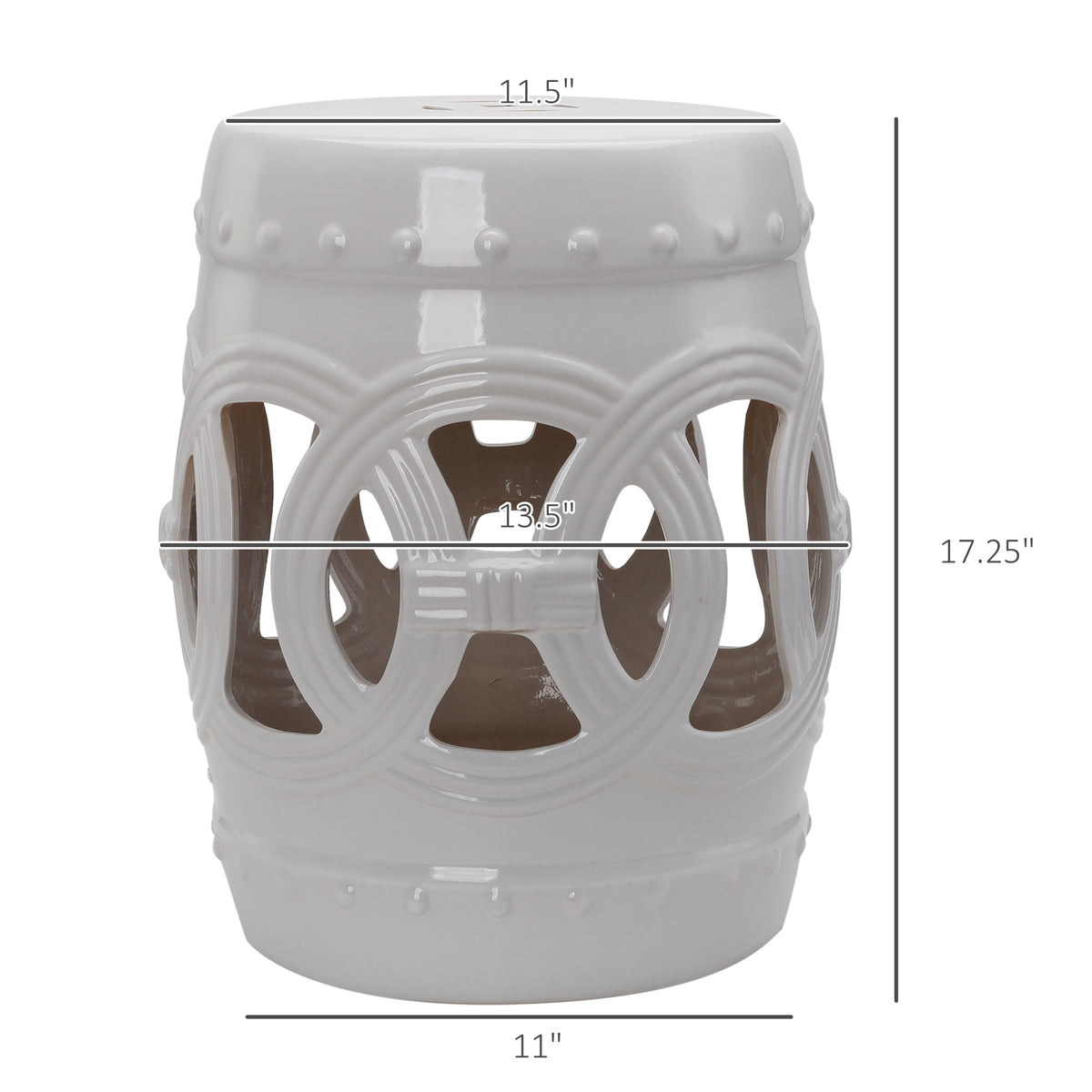 14" x 17" Ceramic Garden Stool with Double-Coin Knotted Ring Design & Strong Glazed Material, Decorative Outdoor Stool, Home Collection, White