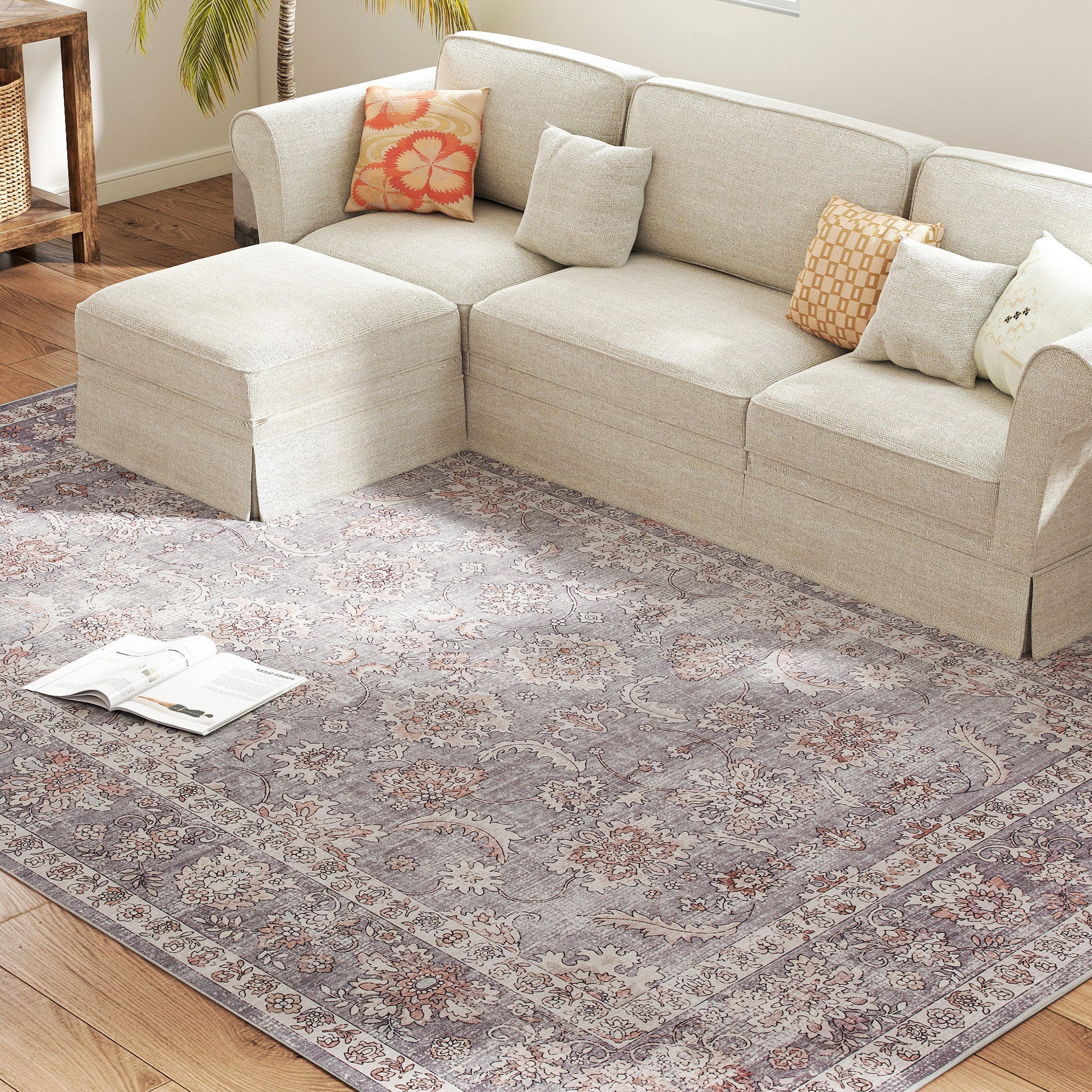 Machine Washable Area Rug 8x10, Non-Slip Traditional Flower Print Floor Carpet for Living Room, Bedroom, Grey and Brown