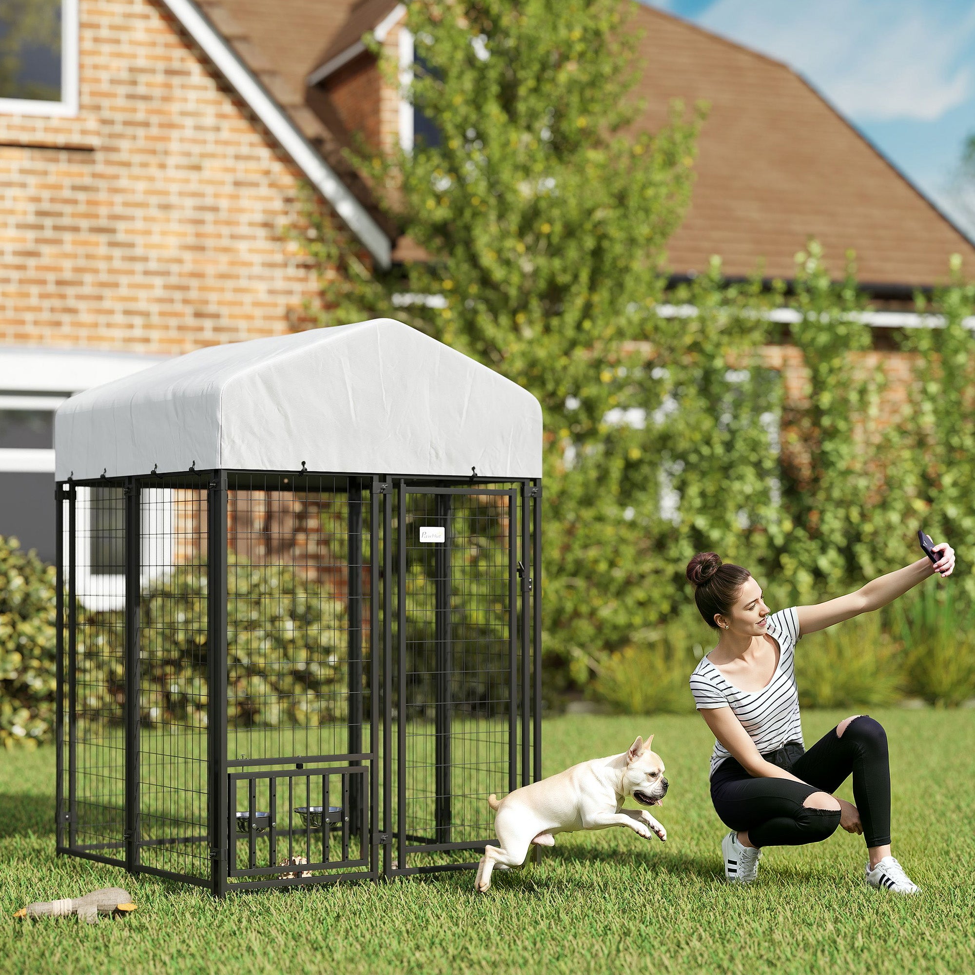 Welded Wire Outdoor Dog Kennel with 360° Rotating & 4 Levels Adjustable Bowls, Waterproof Cover, 3.9' x 3.9' x 6' - Silver - Image 2