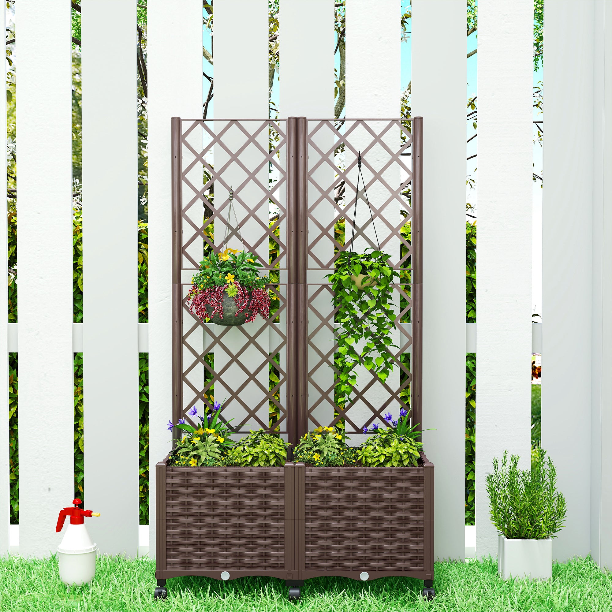 Planter Box with Trellis, Self Watering Raised Garden Bed with Lockable Wheels and Drainage Holes, Brown - Brown - Image 8