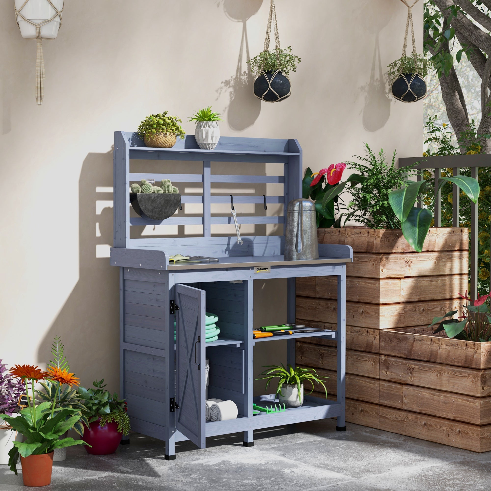 Wooden Potting Bench with Storage, Aluminum Tabletop for Backyard, Patio, Balcony, Gray - Gray - Image 2