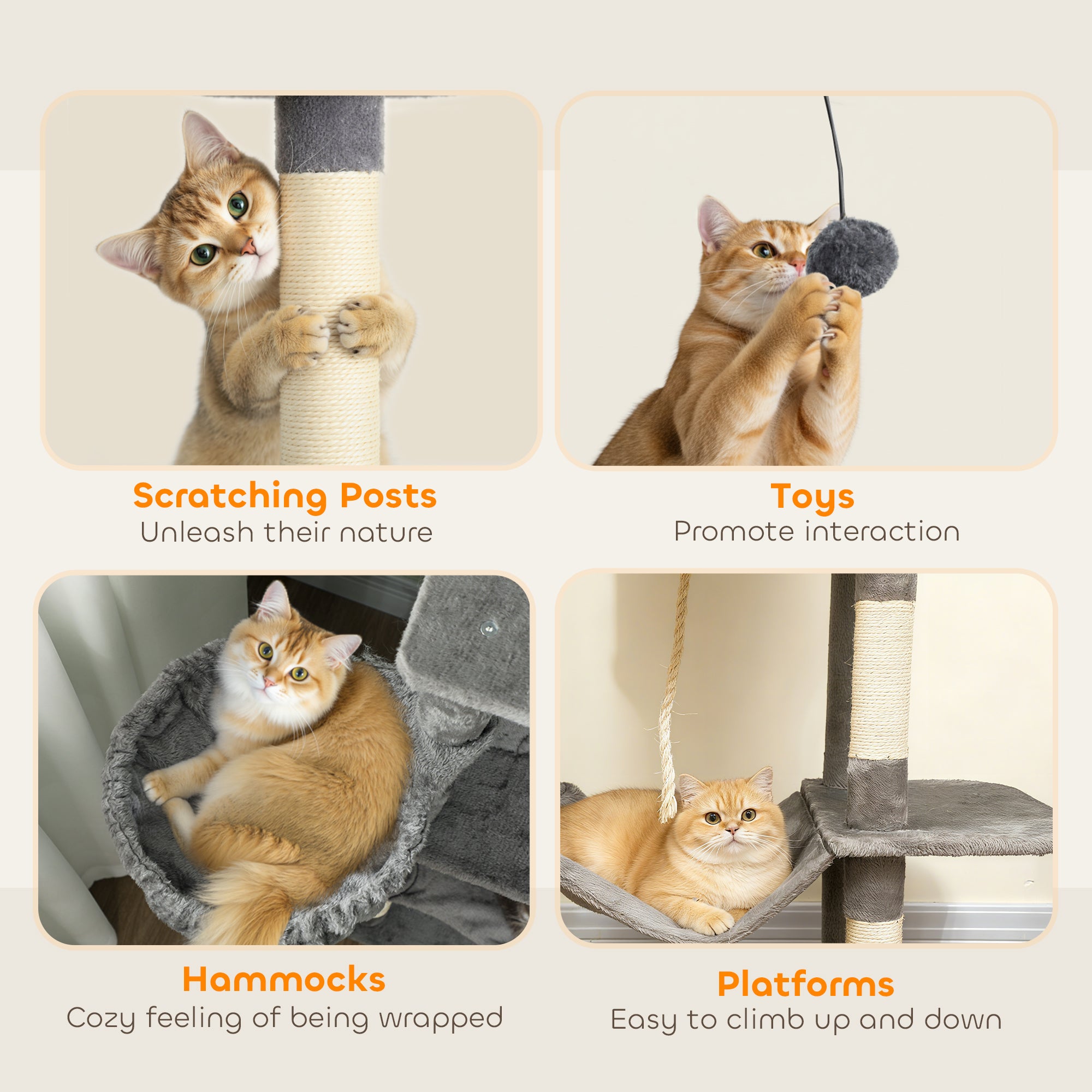 Multi-Level Cat Tower, 80" Tall Cat Tree, with 2 Condos, 2 Hammocks, 6 Sisal Scratching Posts, Dark Gray - Dark Gray - Image 7