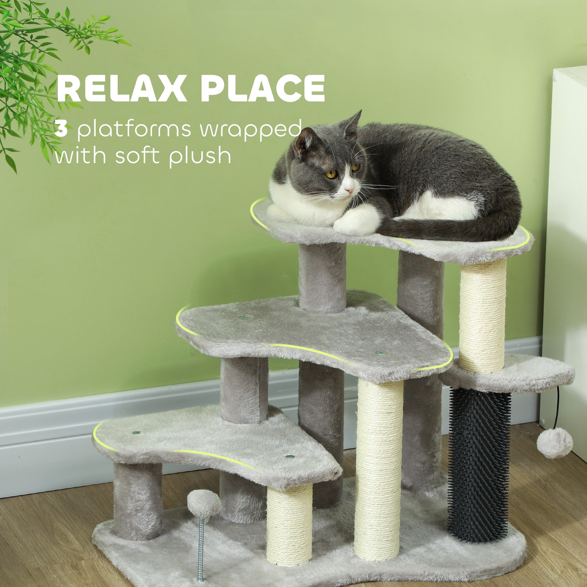 2 in 1 Cat Tree Tower 3-Step Pet Stairs with Scratching Posts, Tickling Post, Toy Balls, for High Beds, Couch - Light Gray - Image 6