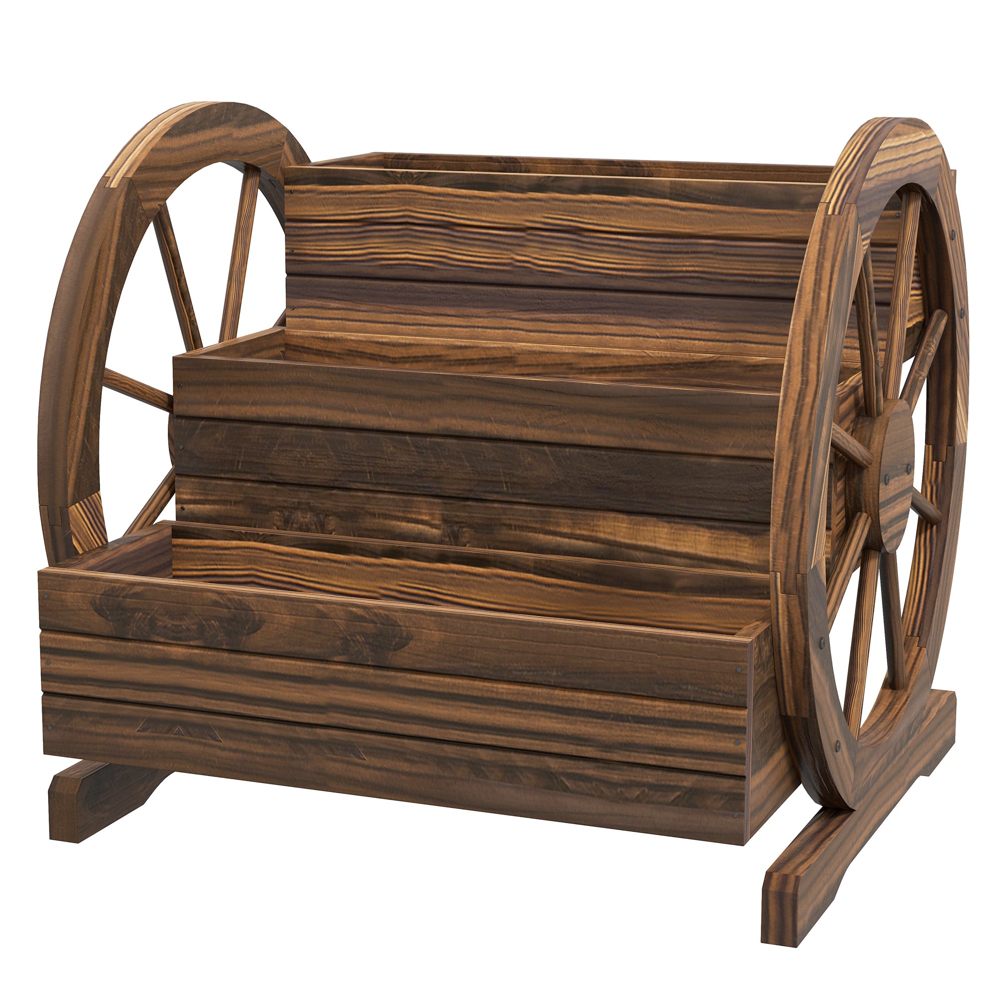 Wooden Wagon Planter Box, 3-Tier Raised Garden Bed, for Vegetables Flowers Herbs, 25" x 24" x 23" - Carbonized